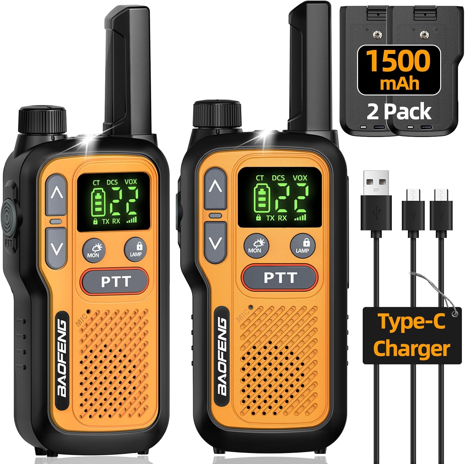 Walkie Talkies Long Range for Adults, Rechargeable Walkie Talkie FRS Two Way Radio with 1500mAh Li-ion Battery USB-C Charger NOAA Weather Radio VOX Walky Talky for Hiking Cruises Camping (2Pack)