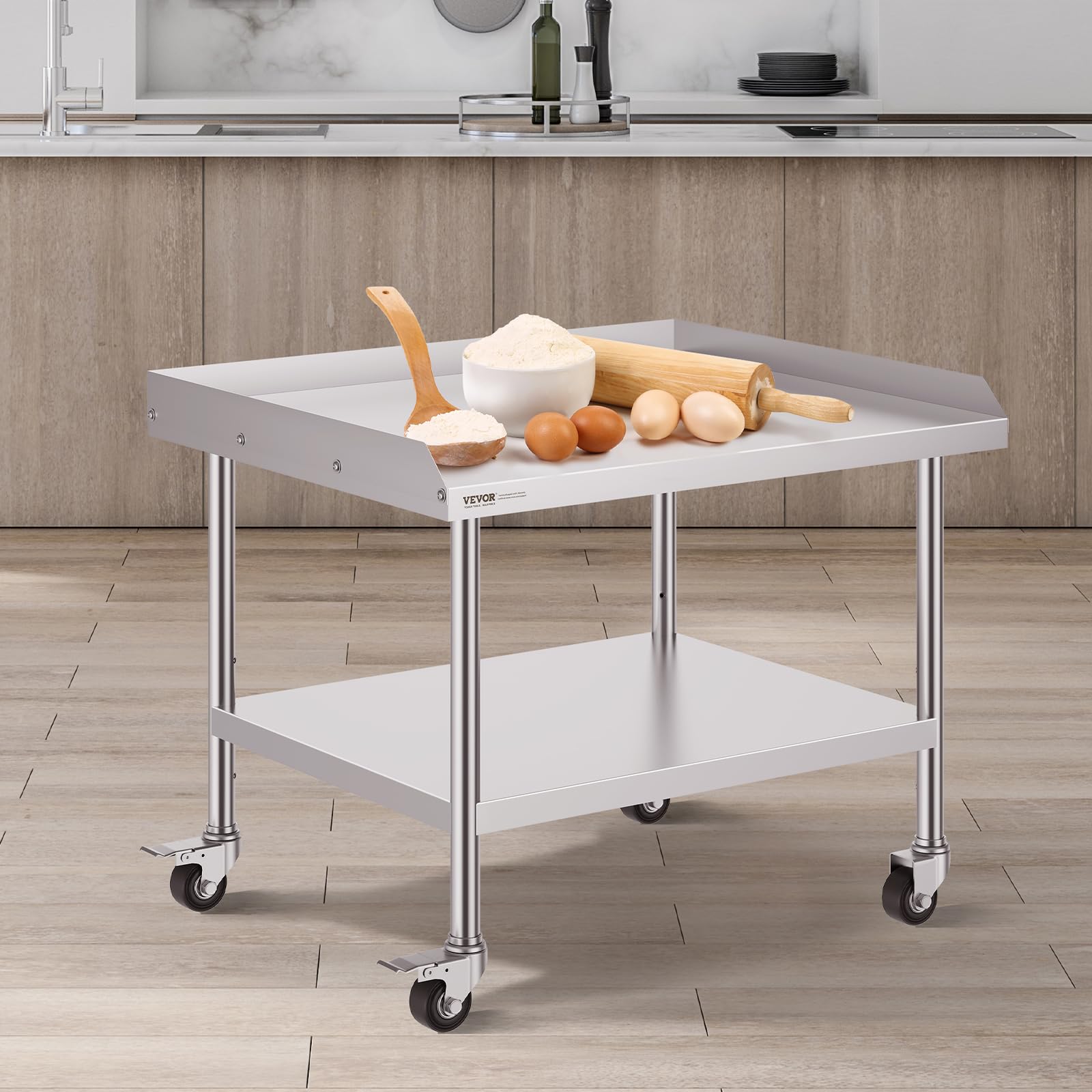 VEVOR Tavolo da Lavoro in Acciaio Inossidabile 762 x 914 x 751,6 mm Tavolo da Lavoro Commerciale per Preparazione degli Alimenti 4 Ruote, Alzatina su 3 Lati, Tavolo da Lavoro in Metallo per Ristorante