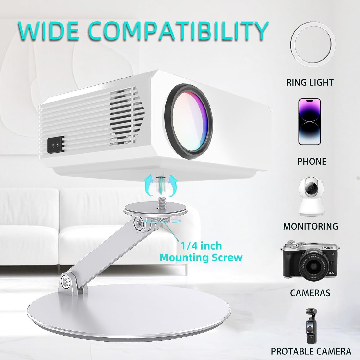 Foldable Projector Stand, Universal Projector Mount with ¼-Inch Screw, 360° Rotation & Height Adjustable, Ultra-Light Aluminum Alloy Compact Outdoor Stand Compatible with Most Projectors