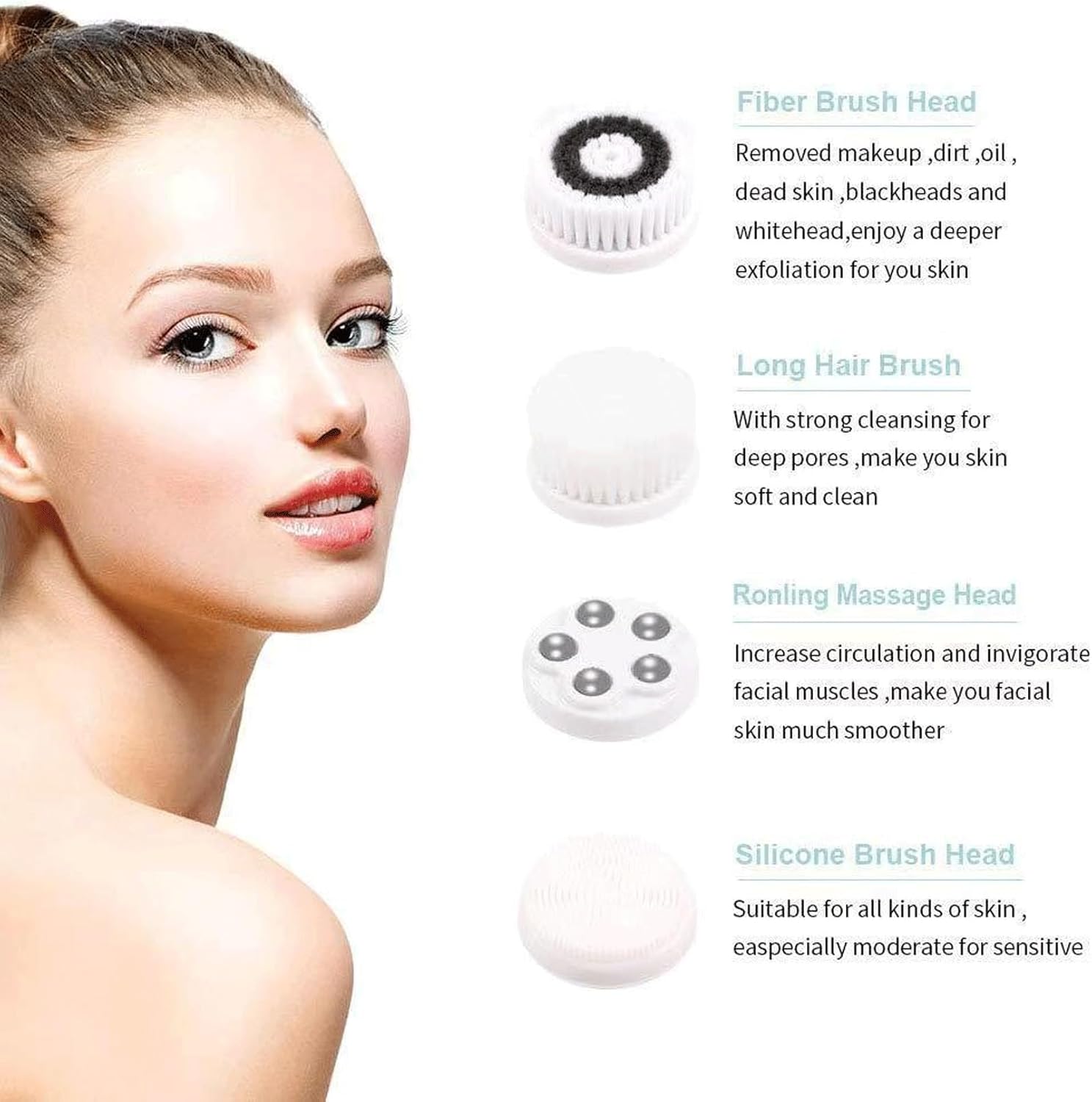 Facial Cleaning Brush, Rechargeable Electric Facial Scrub, IPX7 Waterproof, 3-Speed Adjustable, with 4 Brush Heads, Suitable for Deep Cleaning, Exfoliation, and Facial Massage(White)