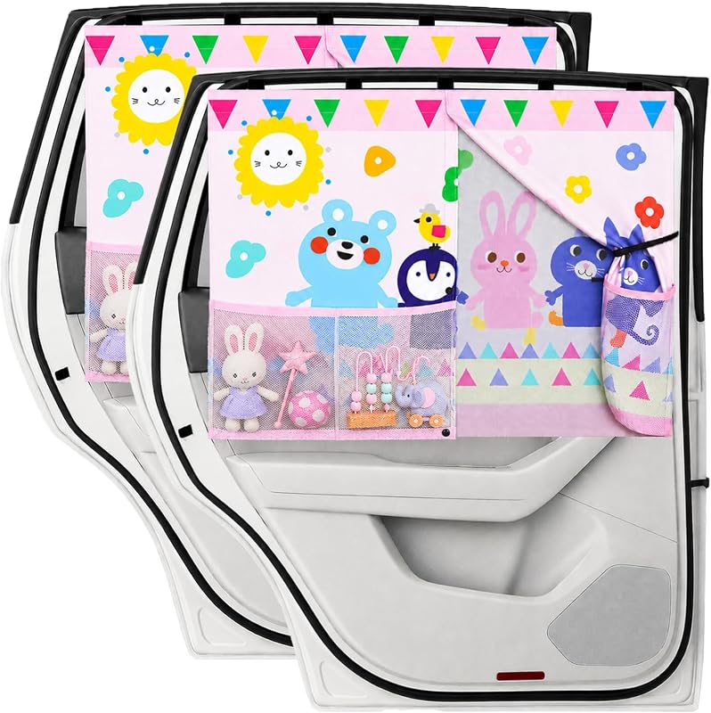 Protetor solar magnético de janela lateral traseira EZTIME com dupla camada, bolsos e estampa infantil, rosa, kit com 2 unidades