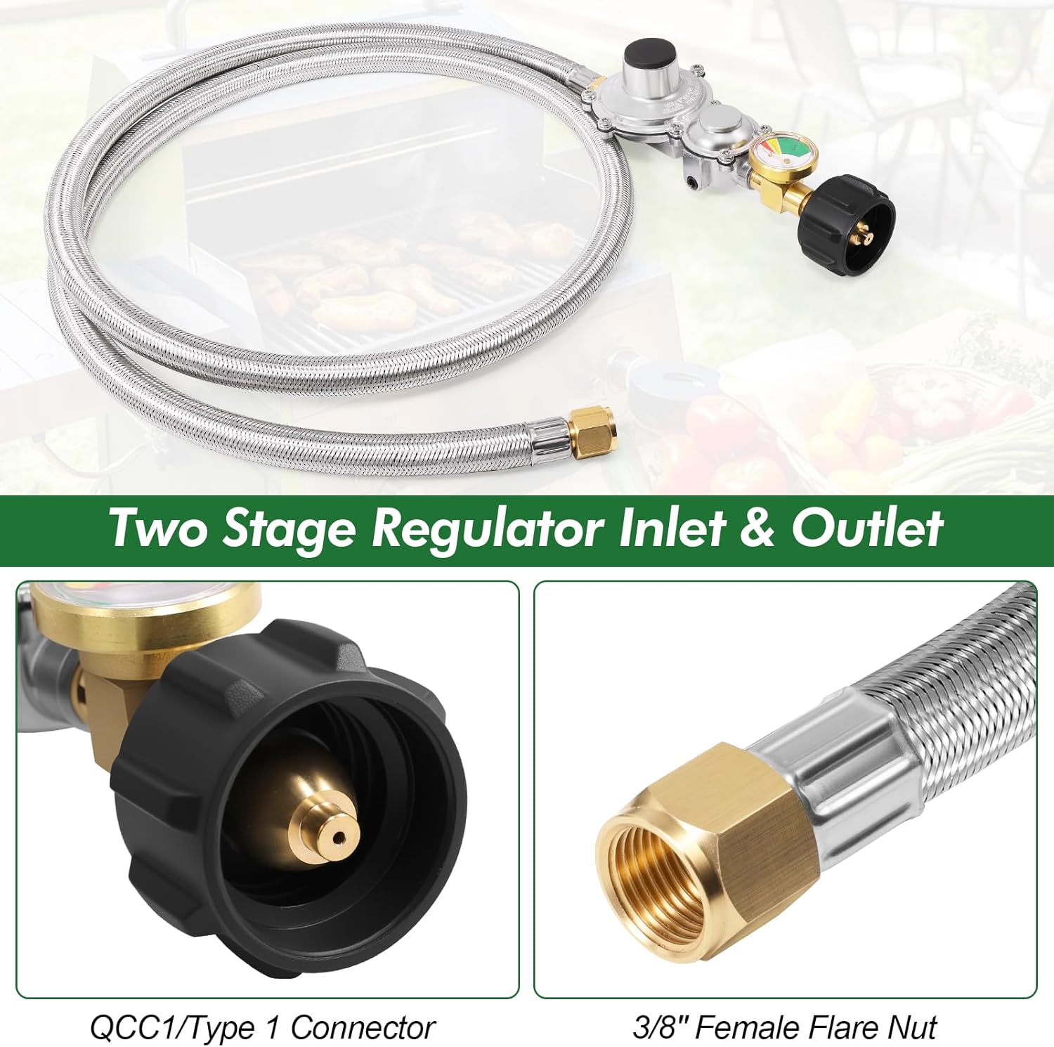 5FT 2 Stage Propane Regulator with Hose & Gauge, Stainless Steel Propane Regulator Hose for Grills, RV Appliance, Generator, Gas Stove and More, QCC1/Type1 Tank Connection, 3/8" Female Flare Nut
