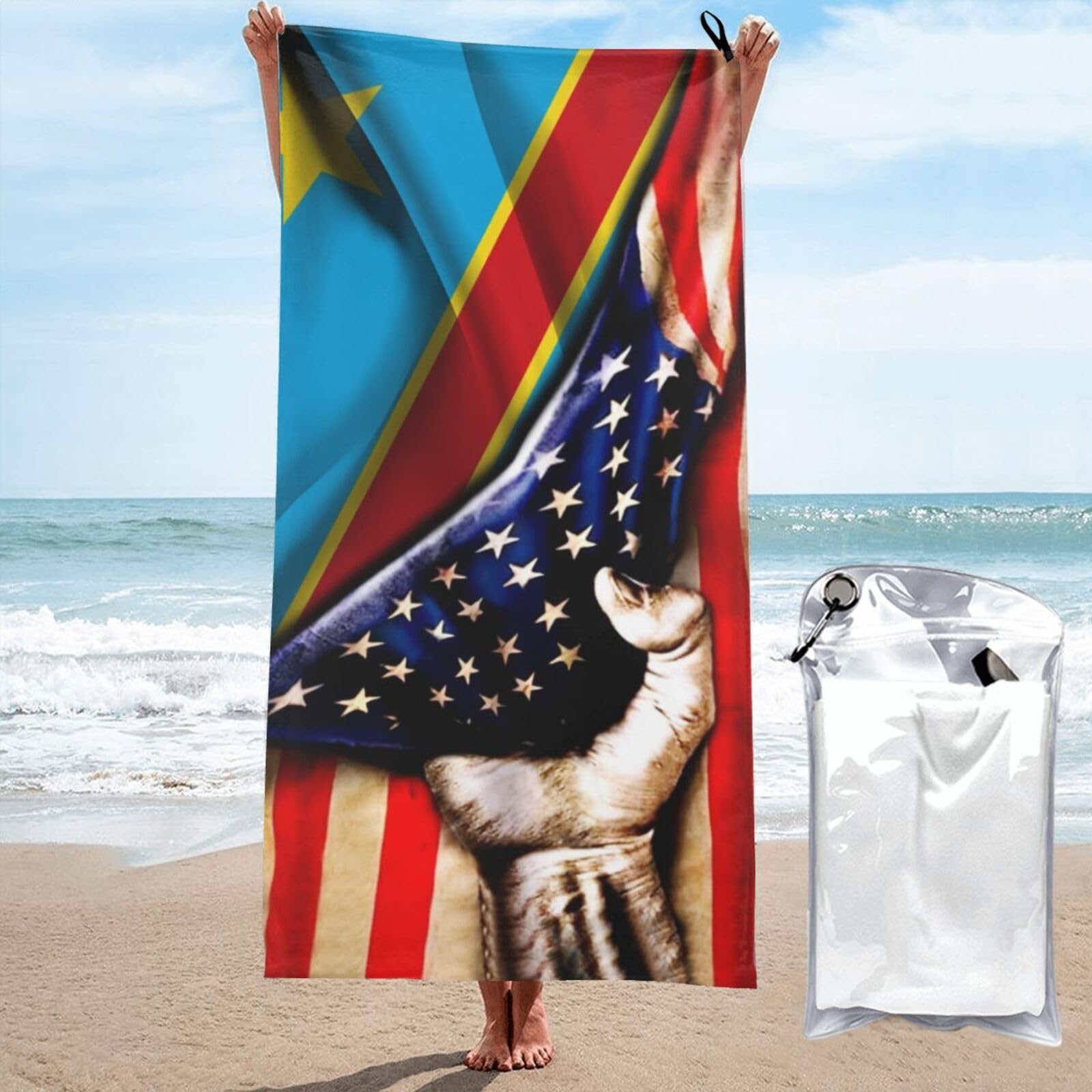 HACXZ Microfiber Beach Towel America Flag and Congolese Congo Flag Large Camping Towel Bathroom Beach Towels