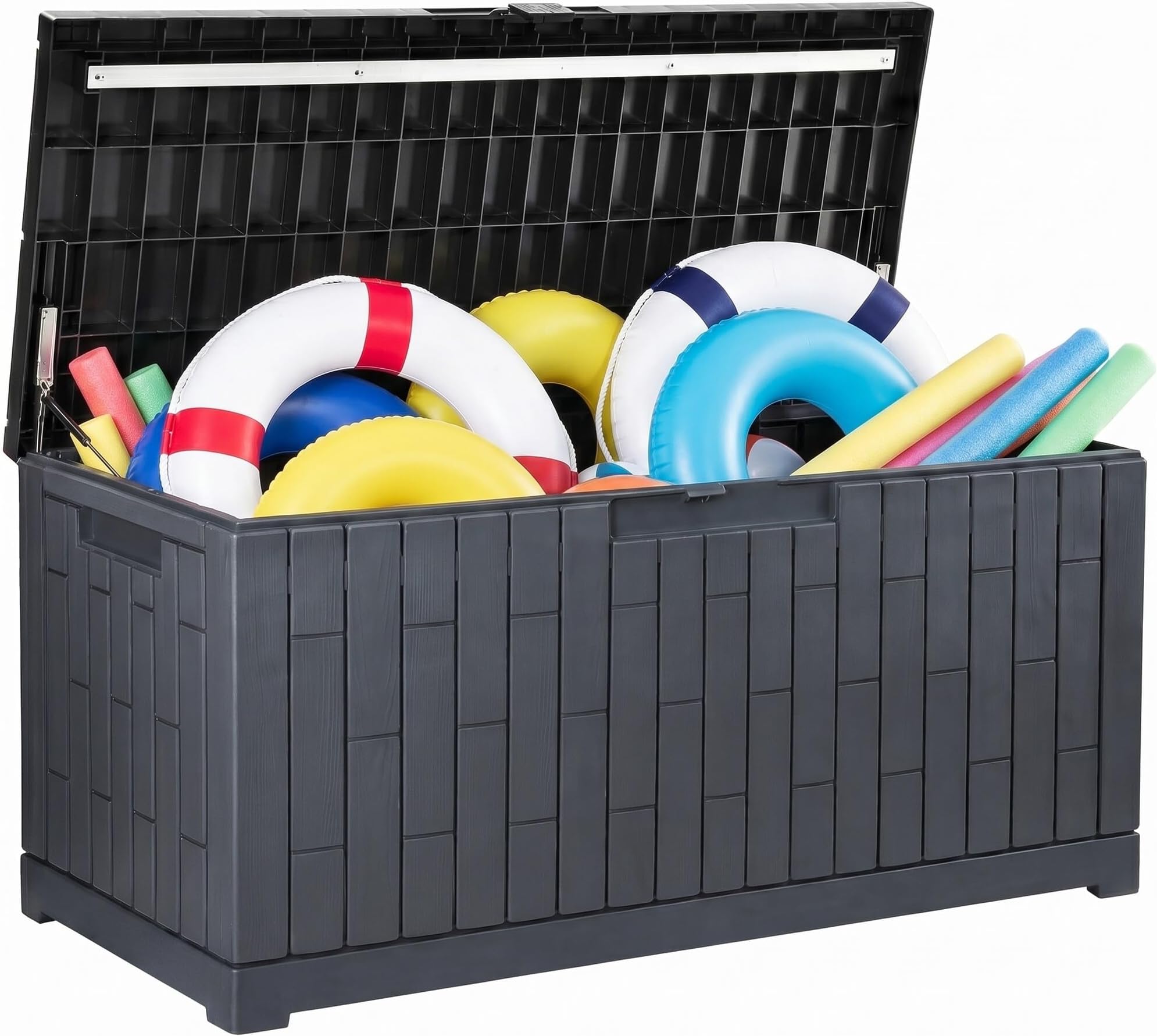 Large Deck Box 120 Gallon Resin Outdoor Storage Box with Slide-Locking Lid, Patio Storage Bin Bench Seat for Outdoor Pillows, Garden Tools and Pool Supplies, Waterproof Lockable, Dark Gray