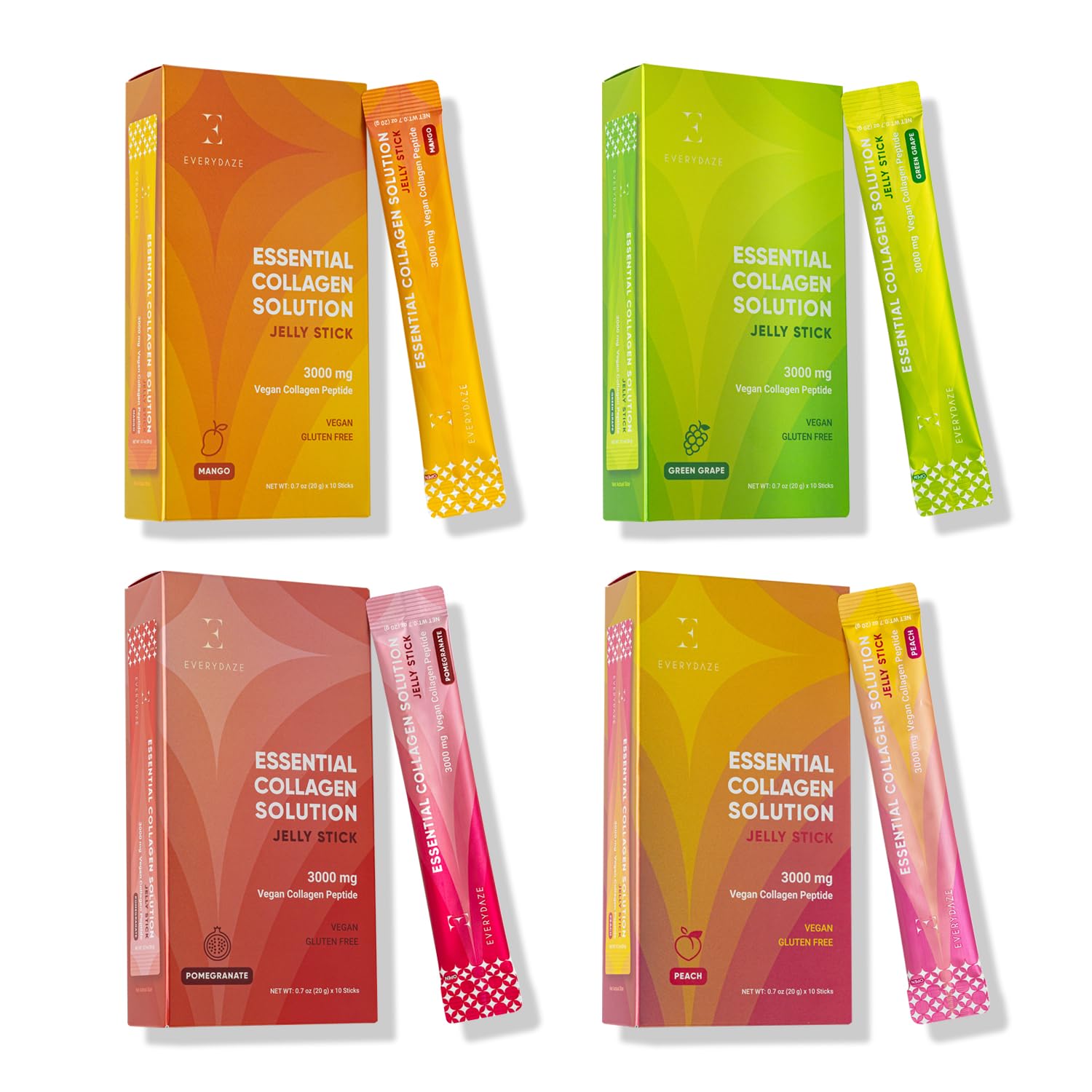 EVERYDAZE Jelly Stick de Colágeno Essencial | Pacote com 40 Unidades | Pêssego, Manga, Uva Verde, Romã | Suplemento de Peptídeo de Colágeno Vegano | Saúde do Cabelo, Pele, Unhas e Ossos