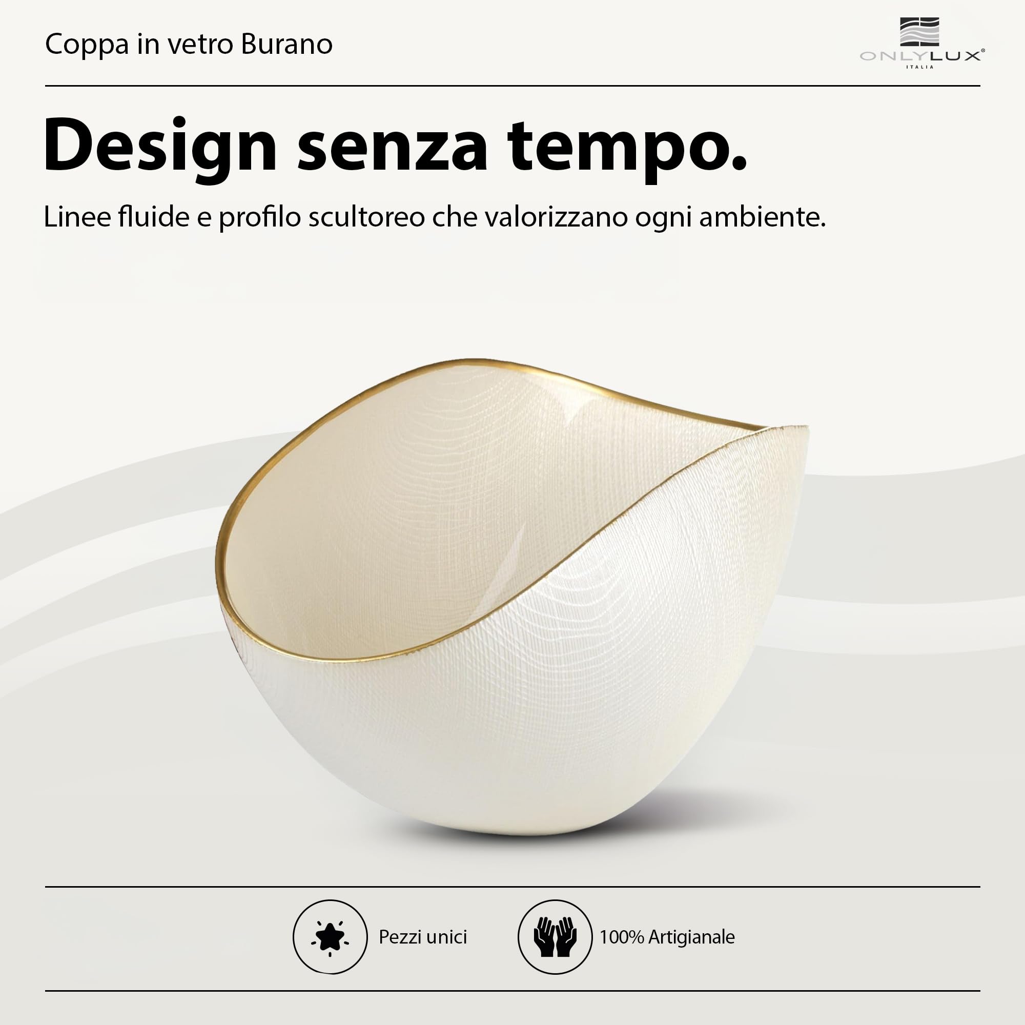 Onlylux Coppa Burano in Vetro Centrifugato Decorato a Mano - Centrotavola Decorativo 28 x 9,5 cm - Coppa in Vetro Artigianale per Arredo Casa - Bianco Perla Filo Oro