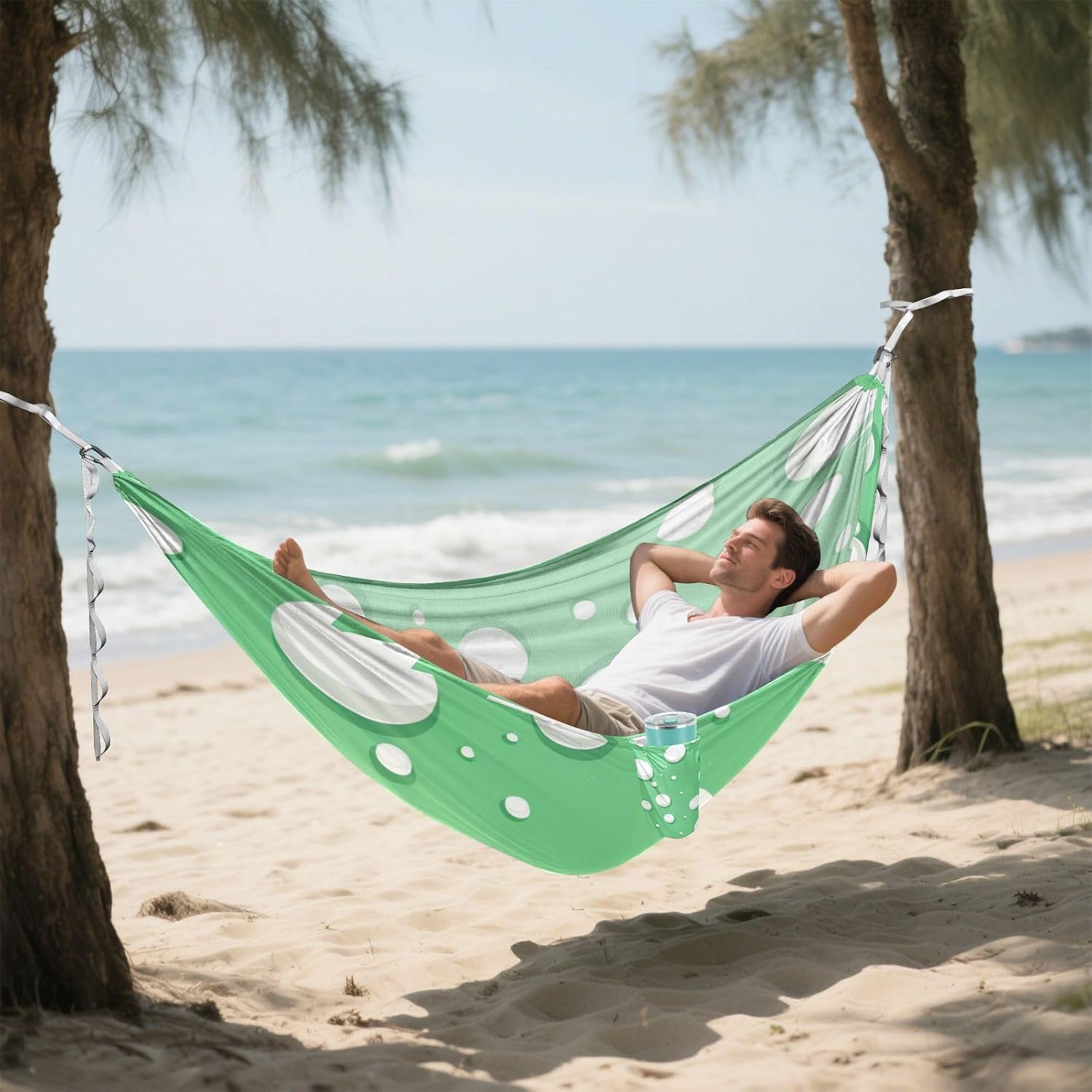 White Round Spots on A Green Background 330lb Capacity Hammocks for Camping with Hanging Rope Cloth Hammock for Outside Camping Essentials Base para hamaca