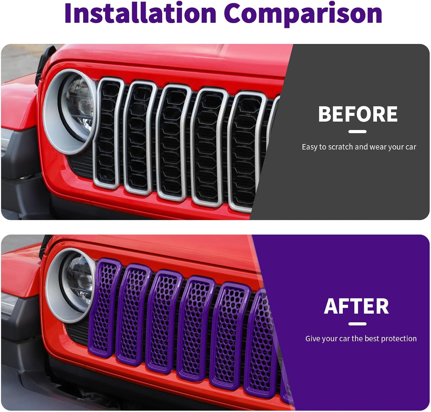 Front Grill Insert Mesh Grille Inserts Cover Kit 7Pcs Compatible with 2024+ Jeep Wrangler JL JLU & Gladiator JT Exterior Accessories (Purple)