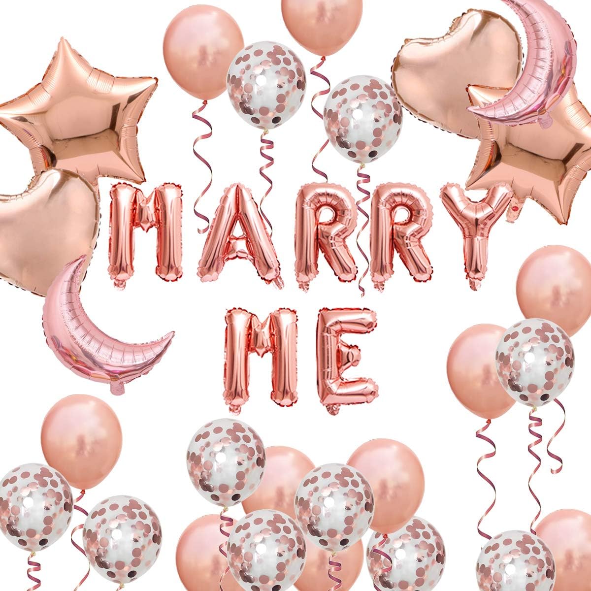JumDaQ Marry Me Rose Gold Balloons Set, Marry Me Balloons Letter Banner with Star Moon Heart Shaped Rose Gold Confetti Balloons for Wedding Valentine's Day Propose Marriage Decorations( 36 Pack)