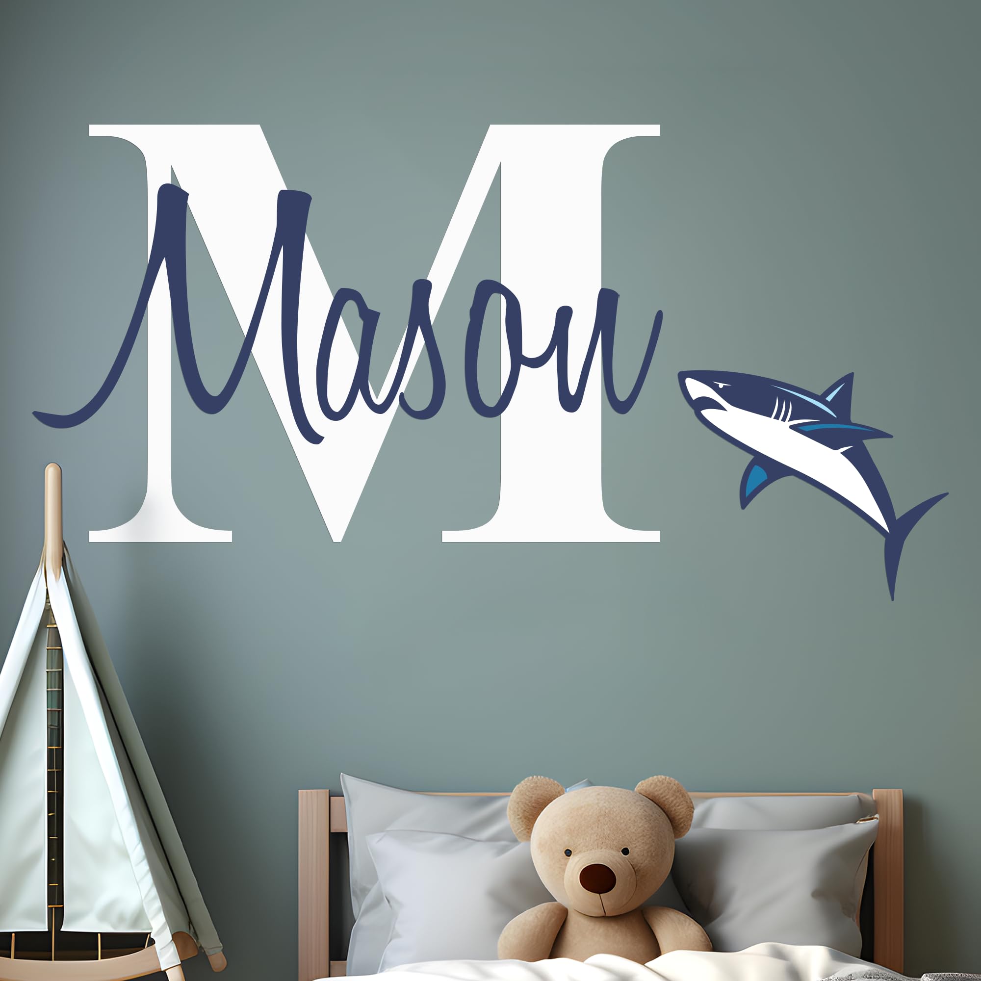 Personalized Shark Wall Stickers I Custom White Shark Name & Initial for Boy Wall Decor I Wall Decal for Child Room Decorations I Multiple Sizes and Colors Options (Wide 42