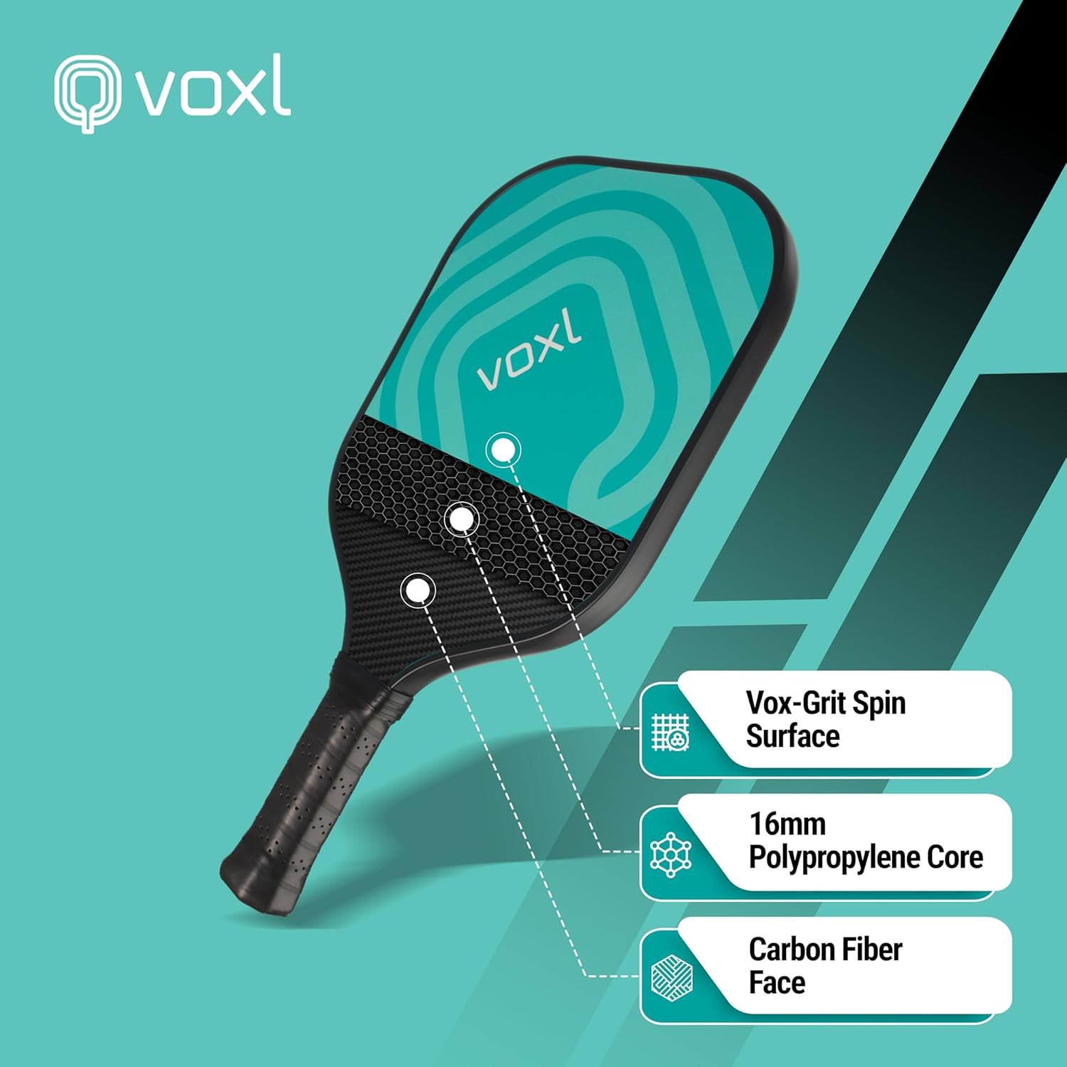 Versatile Carbon Fiber Pickleball Paddle - Voxl Flex | Carbon Fiber, 16mm Polypropylene Core, Huge Sweet Spot, Vox-Grit Spin Surface.