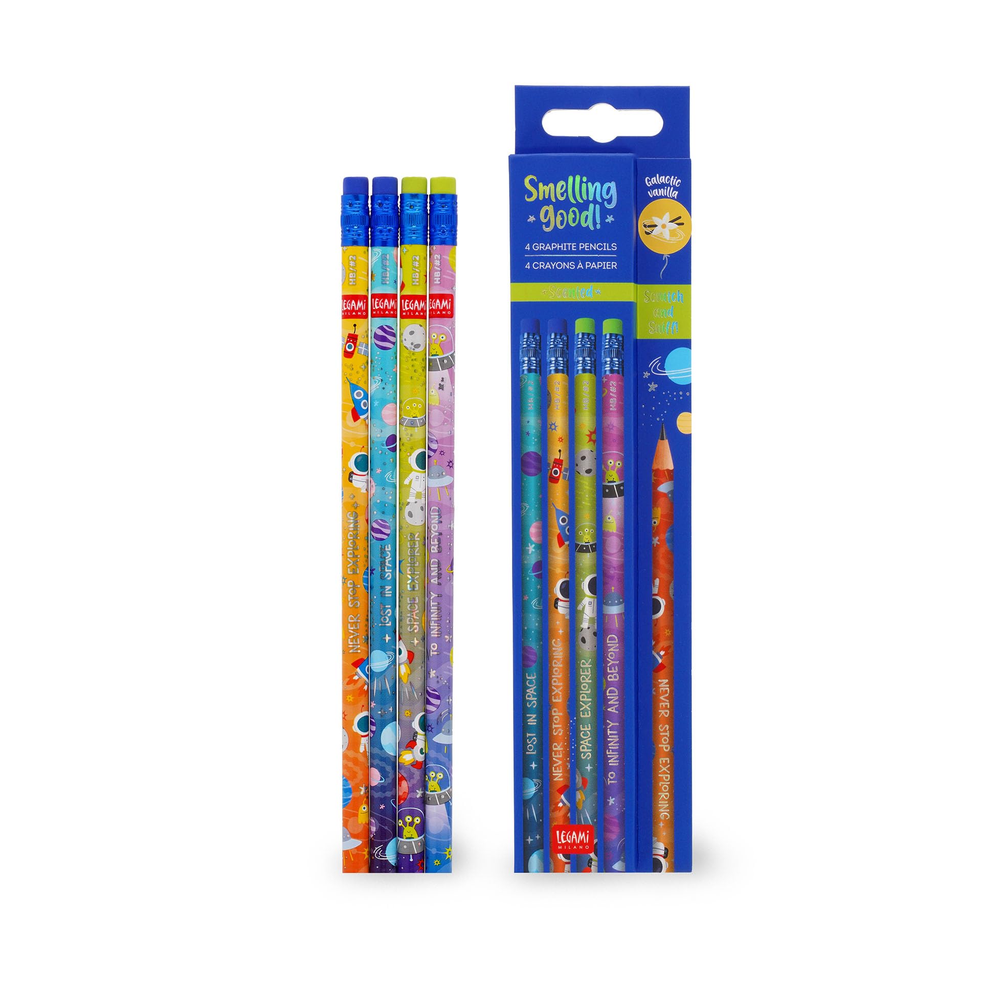 Legami - Juego de 4 lápices HB perfumados - Smelling Good, perfume de fresa, detalles en papel de aluminio, con goma, lápices escolares de madera natural, lápiz para niños, tema Space
