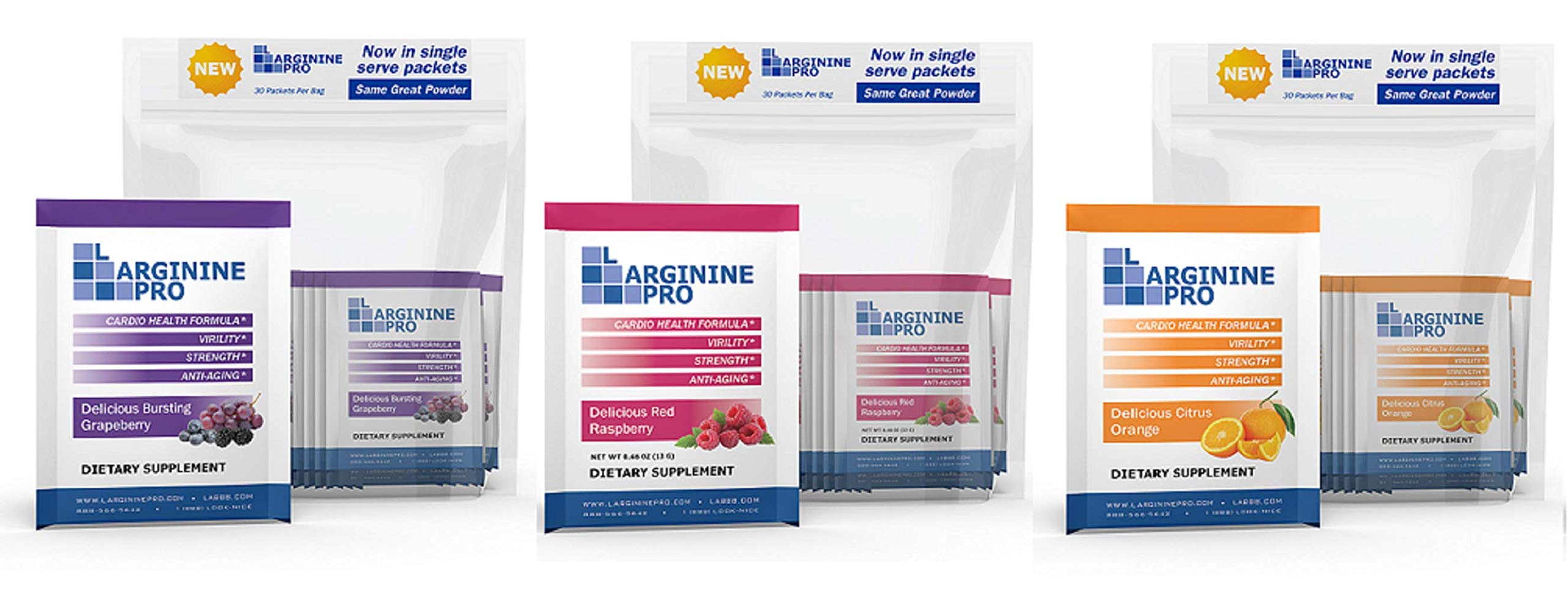 L-ARGININE PRO Supplement Powder | 90 Packets Single Serve Travel Size | 5,500mg of L-arginine Plus 1,100mg L-Citrulline, Raspberry, Orange & Grape