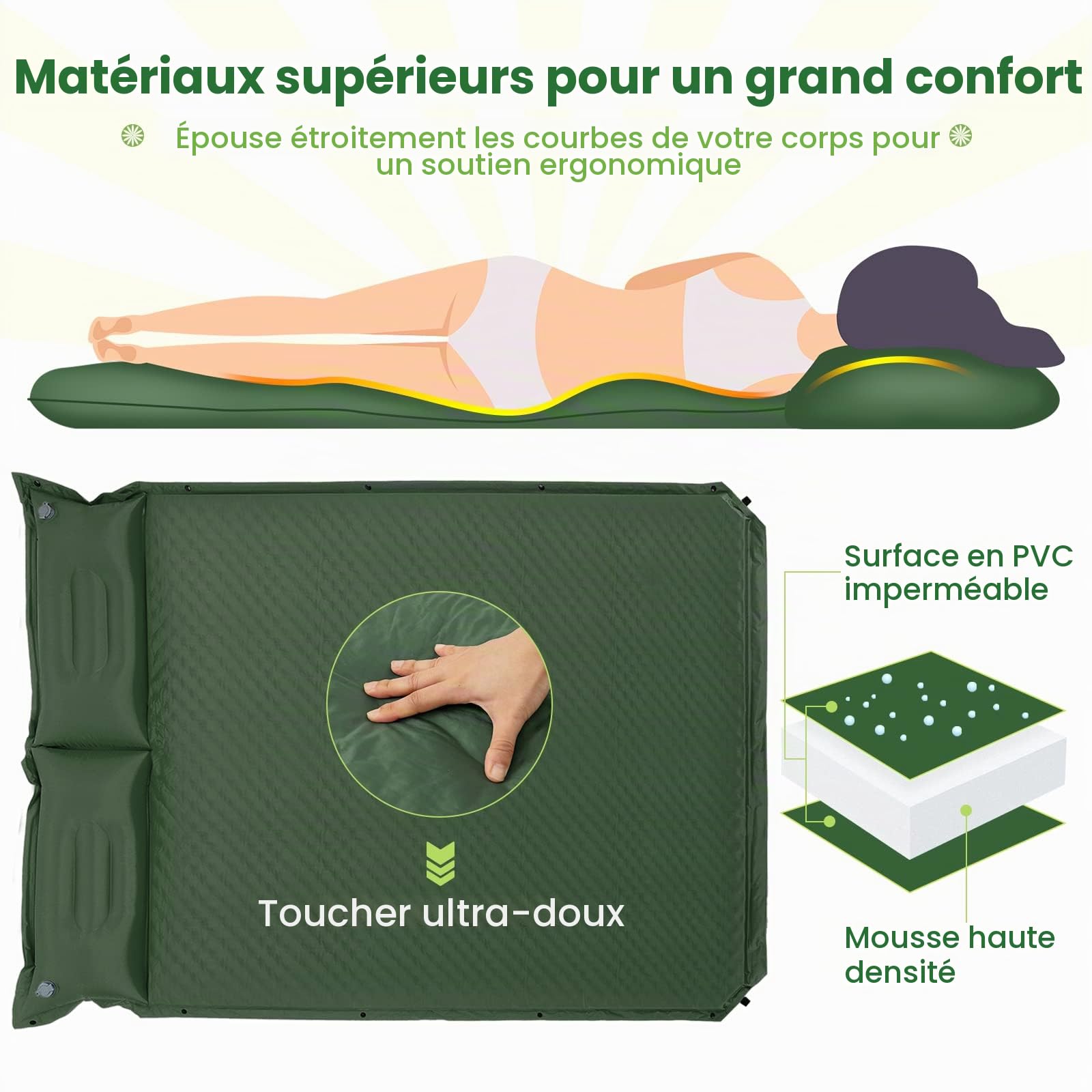 KOMFOTTEU Tapis de Couchage autogonflant pour Camping avec Coussin de Dossier, 190 x 130 cm, Matelas extérieur pour 2 Personnes, Tapis d’Isolation Thermique Pliable imperméable et Portable (Vert)
