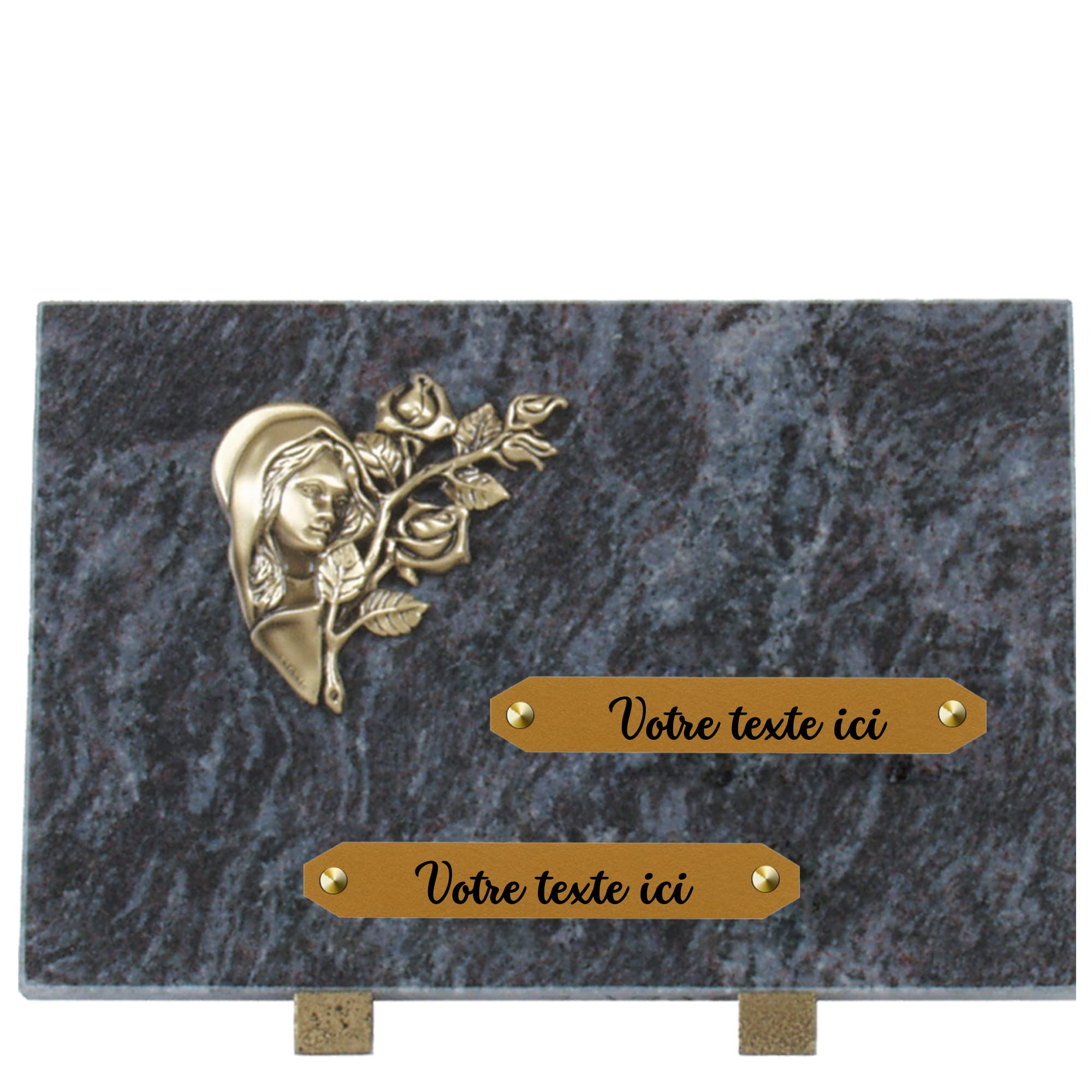 Plaque funéraire personnalisée - Granit - assemblée en France - bronze Vierge Marie - H 20 X L 30 cm - 2 textes