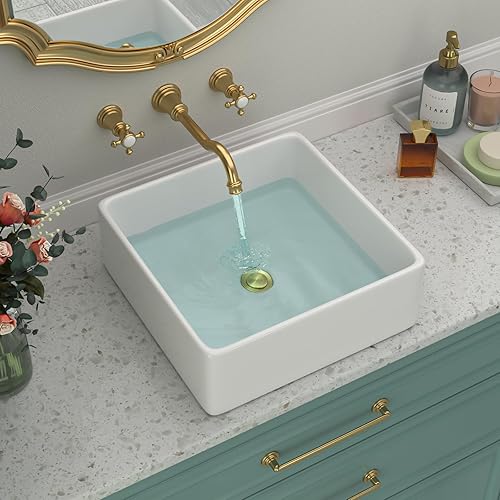 Miniatura 41 de Fregadero de baño de porcelana de cerámica rectangular de 24 x 14 pulgadas sobre mostrador, lavabo de arte blanco y negro Blanco