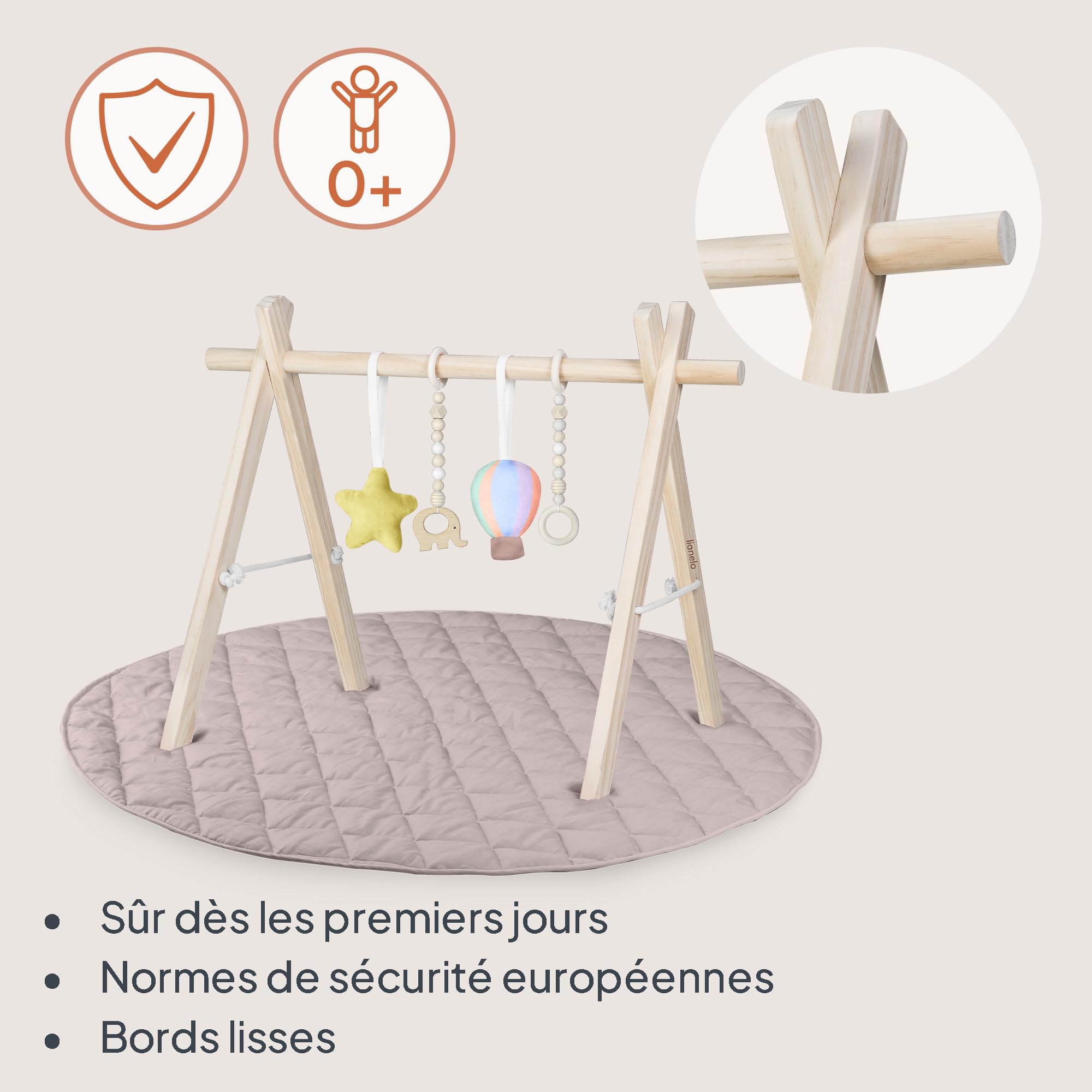 LIONELO Anis Ensemble d'éveil avec arche de jeu pliable en bois et jouets détachables, grand tapis d'éveil en coton de 100 cm, doux et antidérapant (2 cm d'épaisseur), tapis d'éveil