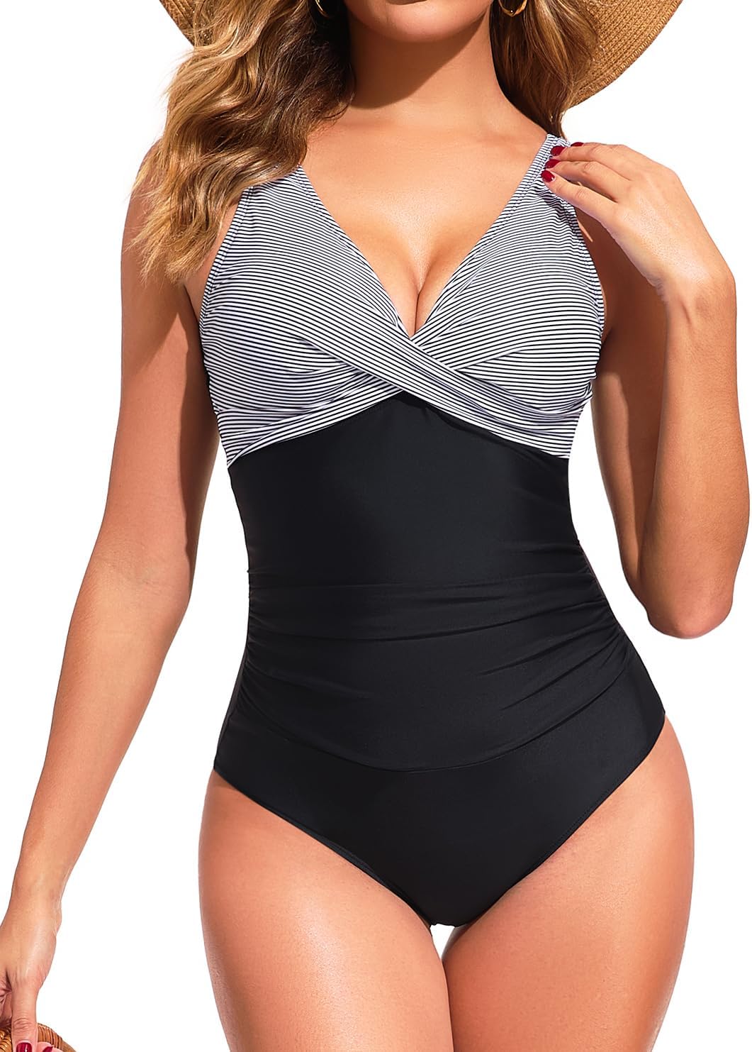Smismivo Tummy Control Women's One Piece Swimsuits Push Up V Neck Bathing Suit Ruched Front Cross Slimming Sexy Swimwear - Image 6