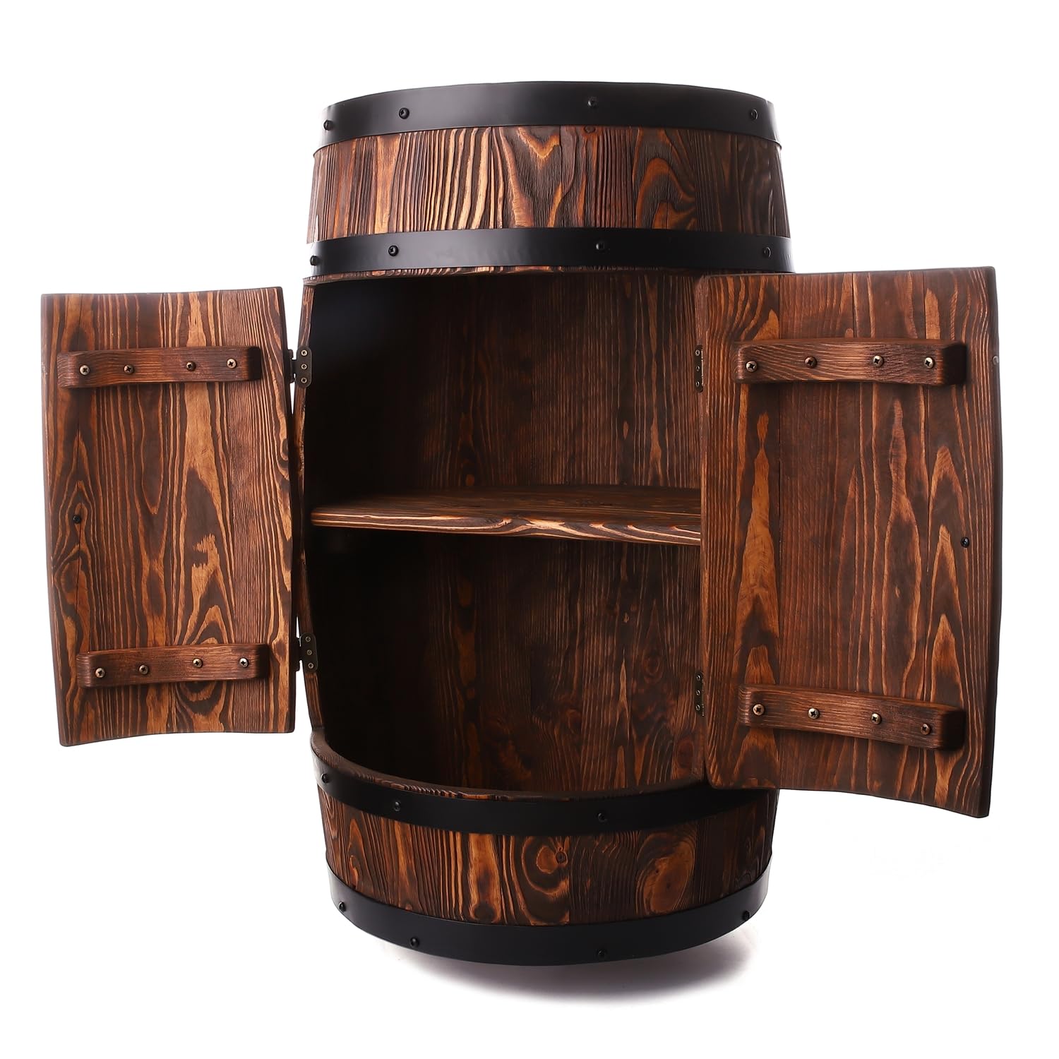 Barril de Madera con Puertas - Mueble Bar en Pino Cepillado para Vino, Whisky, Cerveza - Almacenamiento Duradero y Práctico - Armario, Barra de Alcohol - Artesanal - Marrón