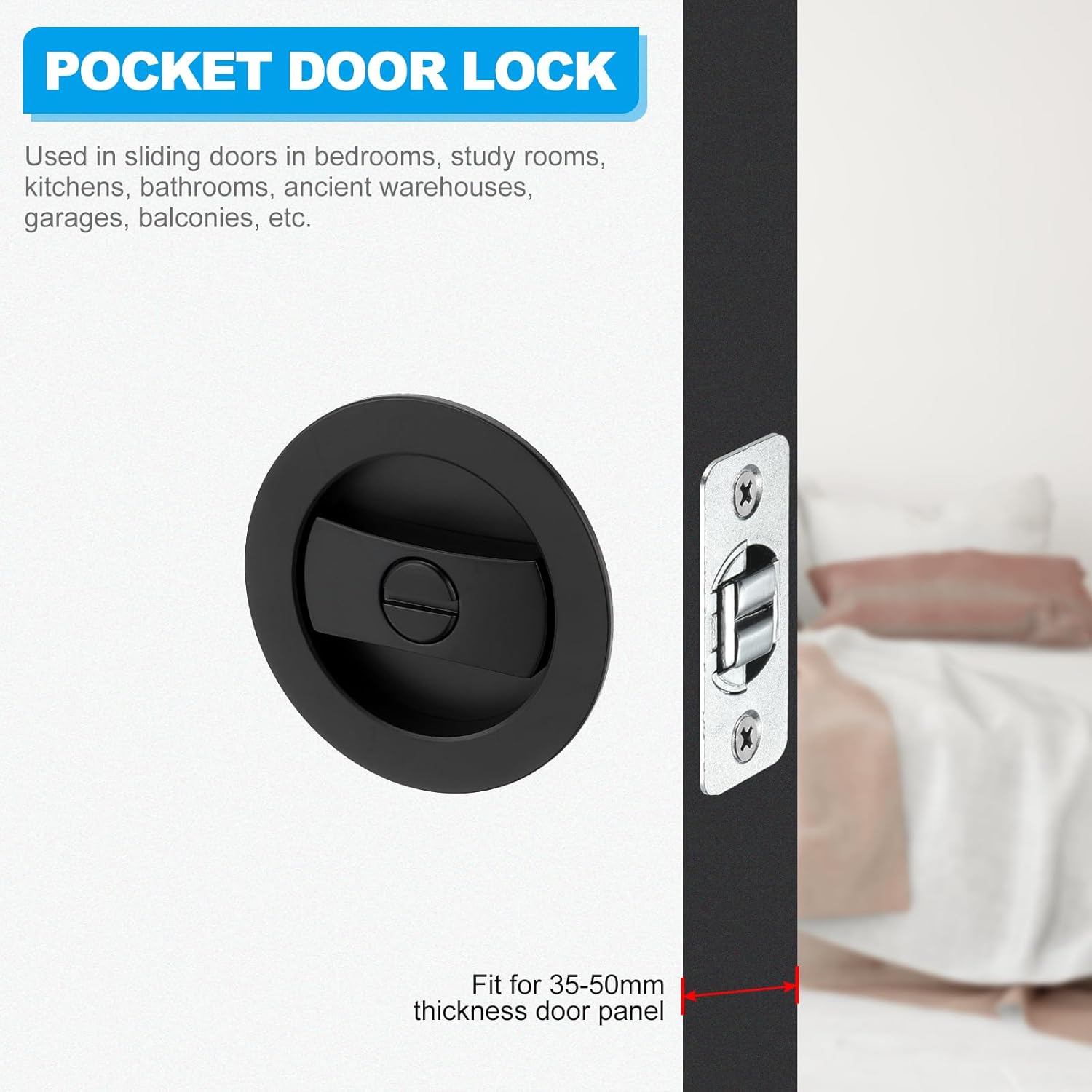PATIKIL Round Recessed Door Lock, Pocket Door Lock Invisible 2 Sided Hardware Privacy Sliding Door Latch for Bathroom Bedroom Barn Door for 1-3/8" to 2" Thickness Door, Matte Black