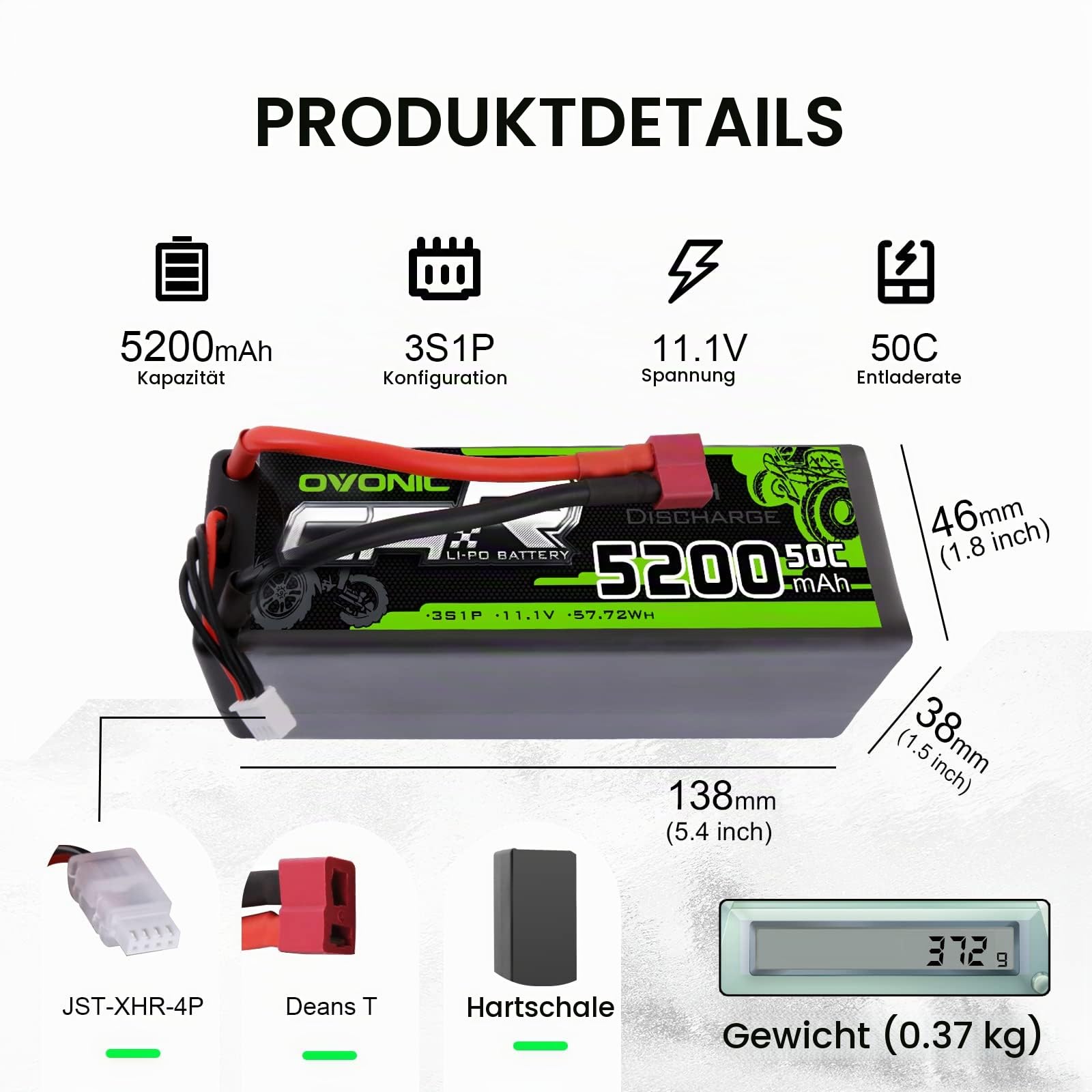 OVONIC 3S Lipo Akku 11.1V 5200mAh 50C mit Deans Stecker Hardcase für FPV RC Flugzeug Auto Evader BX Quadcopter Hubschrauber LKW Boot (2Stück)
