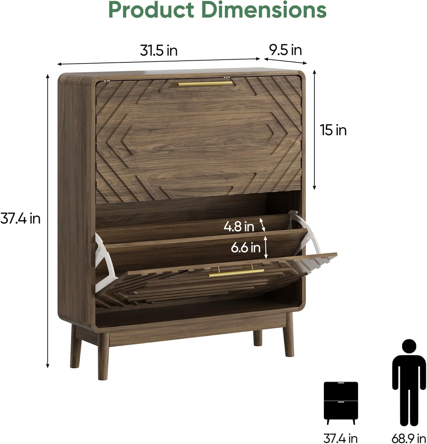 Shoe Storage Cabinet with Hand-Carved Raised Embossed 2 Flip Drawers,Slim Shoe Rack Cabinet, Narrow Shoe Cabinet Storage for Entryway Entrance, Freestanding Shoe Organizer Cabinet (Walnut)