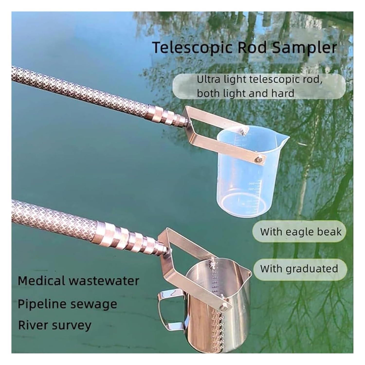 Telescopic Water Sampler with 1000ml Stainless Steel Ladle - Extendable Pole for Rivers, Lakes, Ponds - Adjustable from 2ft to 23ft (0.6m-7m)