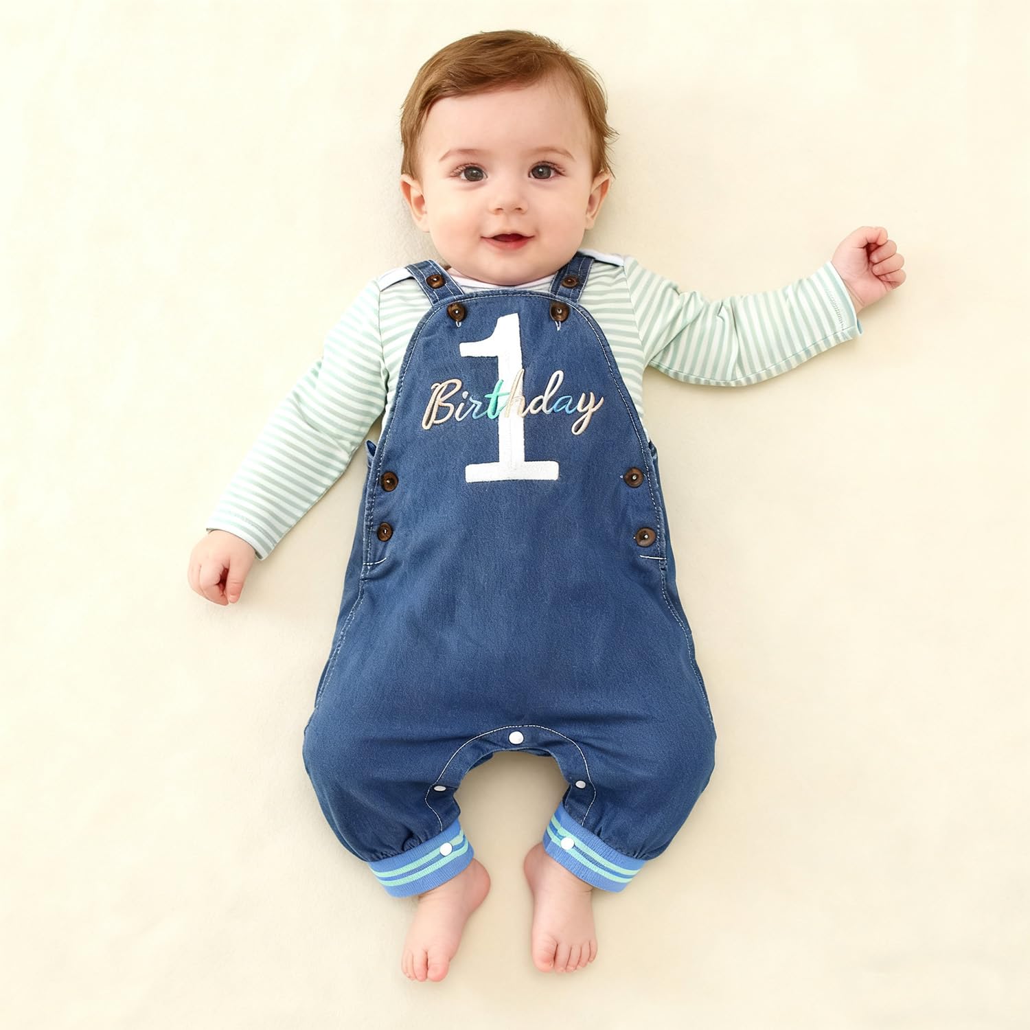 BOUTIKOME Jungen 1. Geburtstag Outfit Baby Junge Overall Set Neugeborenen Kleidung Streifen Langarm Strampler Einstellbare Jeans Latzhose mit knöpfe Stickerei Drucker Bekleidungsset