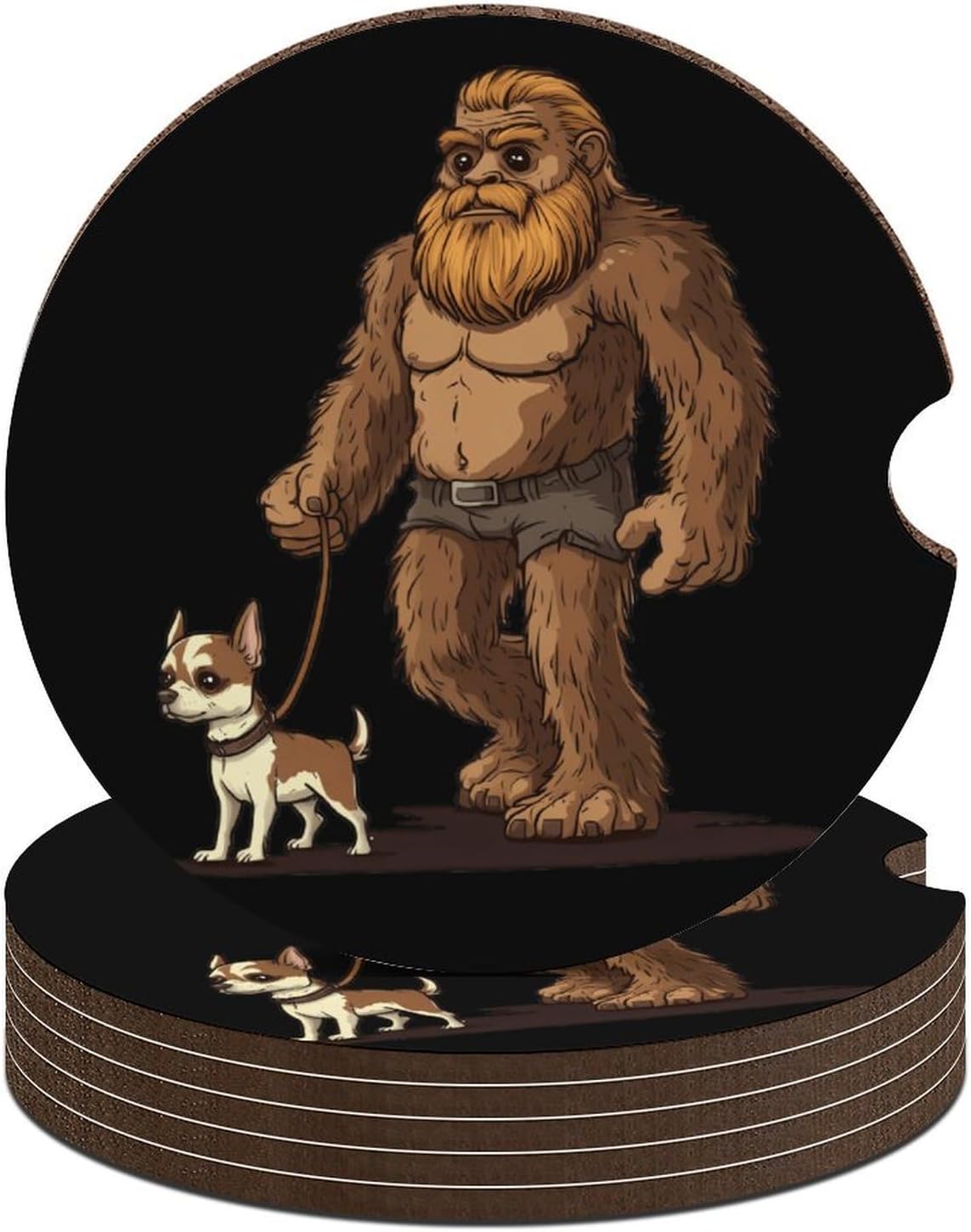 Funny Bigfoot Sasquatch Walking Chihuahua Cute Car Coasters 2.56 Inch Absorbent Cup Holder for Drinks Auto Interior Accessories