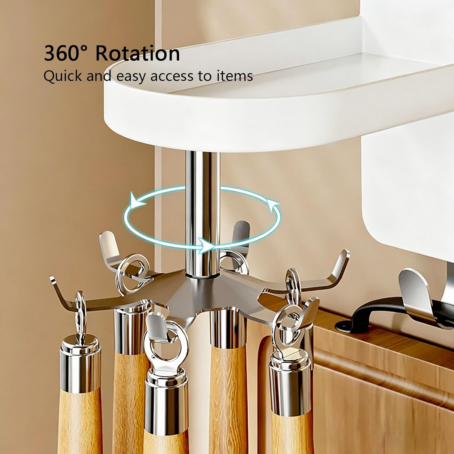 360° Rotating Utensil Hook with Top Shelf, Nail-Free Kitchen Utensil Hanger, Heavy-Duty Rack for Spoons, Spatulas, Seasoning Bottles