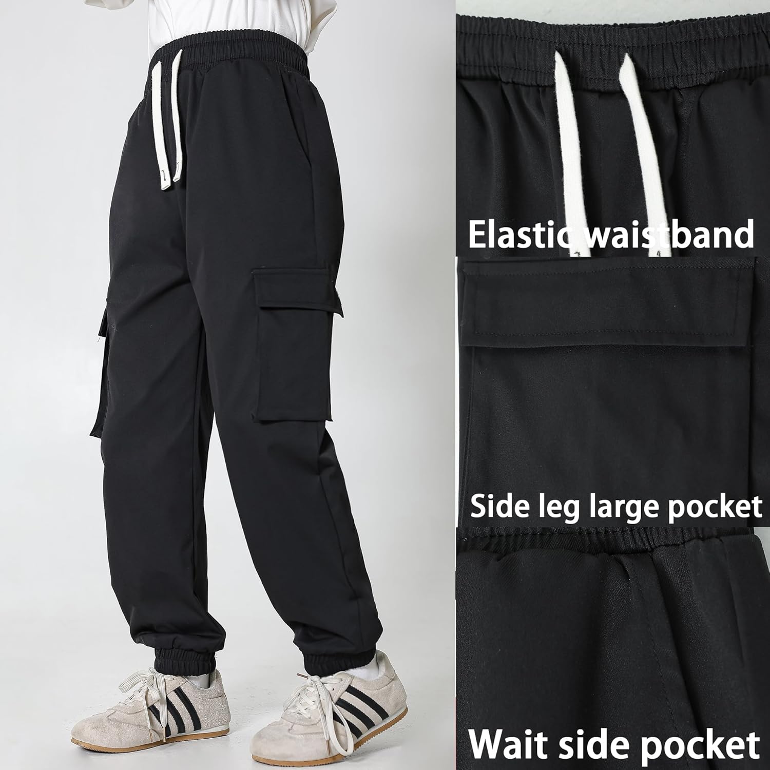 2 Pack Boys Cargo Joggers Pants Elastic Waist Casual Jogging Trousers Bottom for Kids 7-13 Years - Image 6