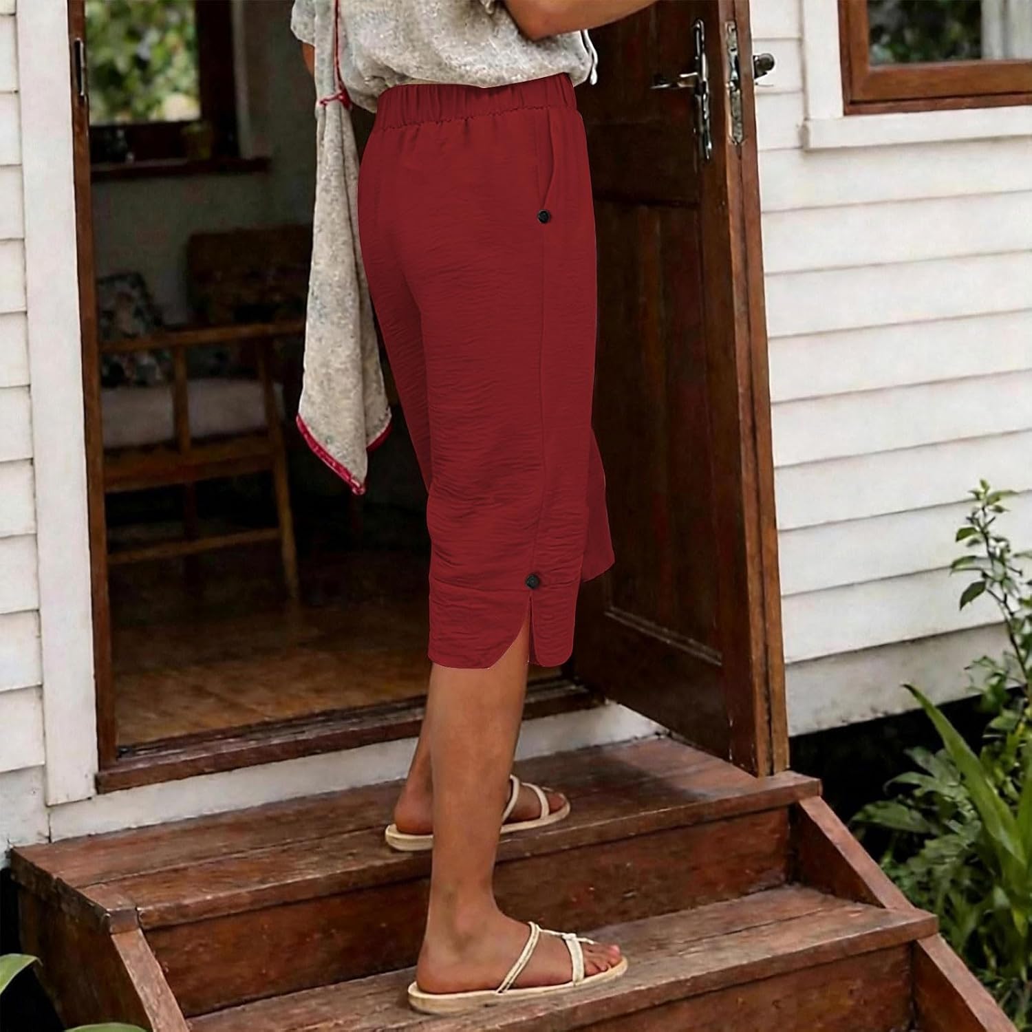 Linen Capri Pants for Women Summer Beach Casual Wide Leg High Elastic Wasit Women Palazzo Pants with Pocket