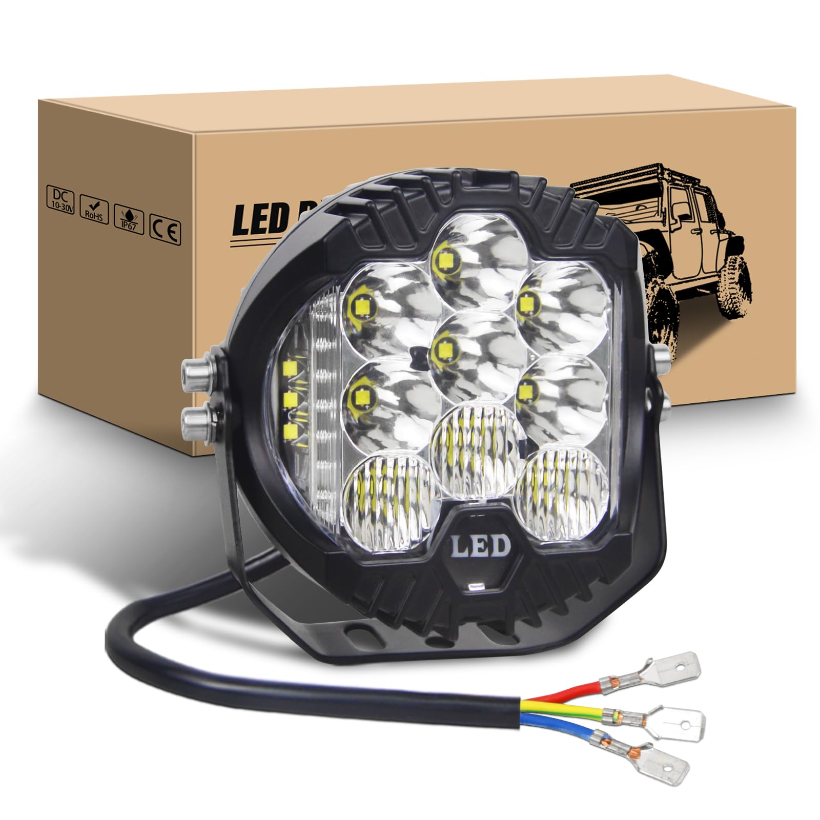 RIGIDON 1Pcs 7 Pollici 75W Faro da Lavoro Led, 12V 24V Rotonde Luci di Lavoro, IP67 Impermeabile Barra Led Fuoristrada per Auto Camion SUV 4x4 Veicoli Offroad, 6000K Bianco Faretti Fendinebbia