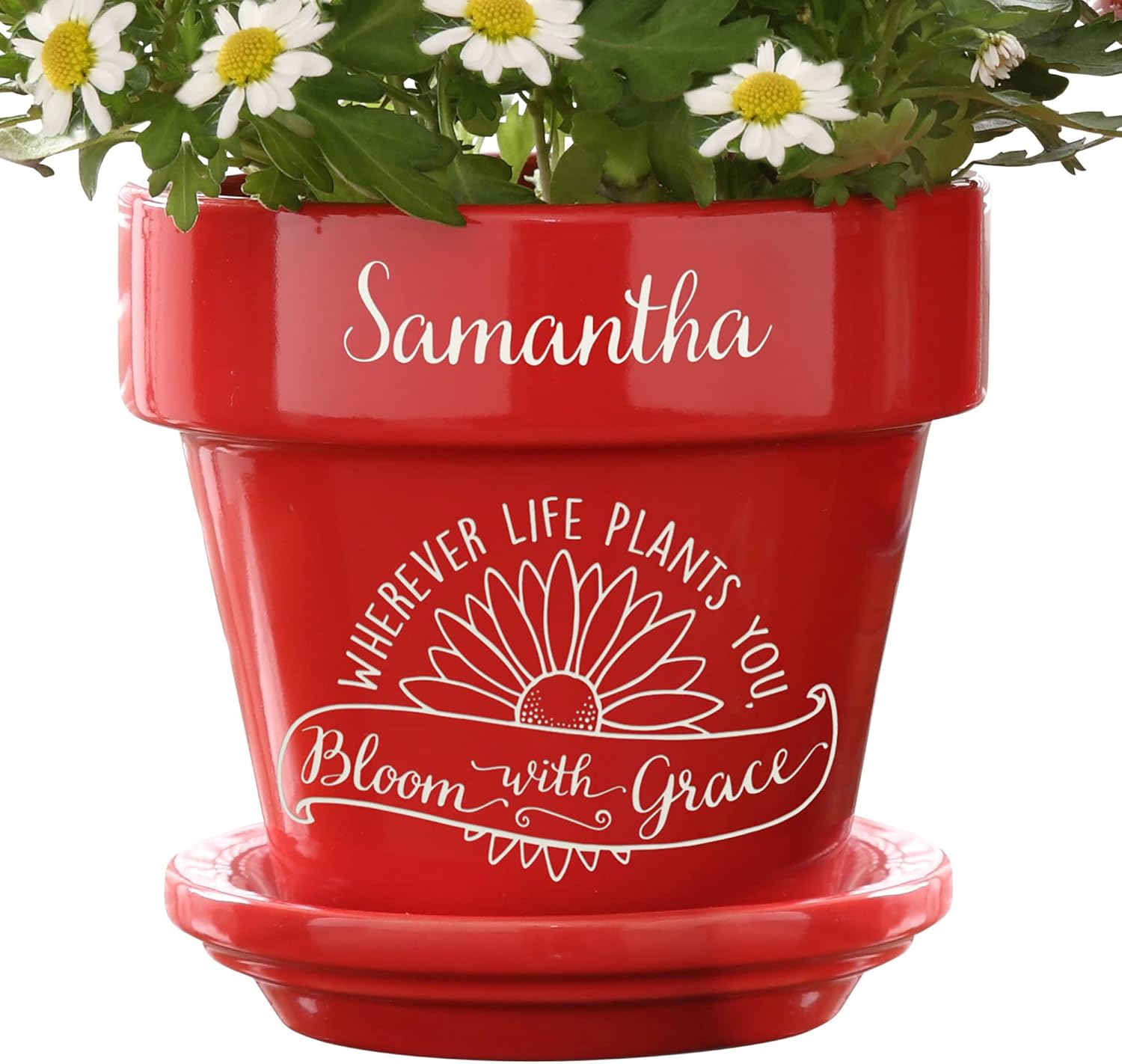 Personalization Universe Inspiration to Grow Personalized Flower Pot - Indoor or Outdoor Use, Graduation Gift, Birthday, Retirement, 5.25" Diameter, Ceramic, Flower Pot and Saucer Set – Red