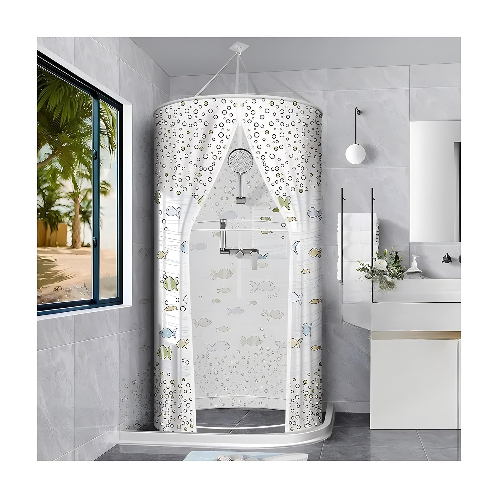 Tenda Doccia Con Faro E Gabbiani 178x188 Cm – Tessuto Poliestere Con Ganci