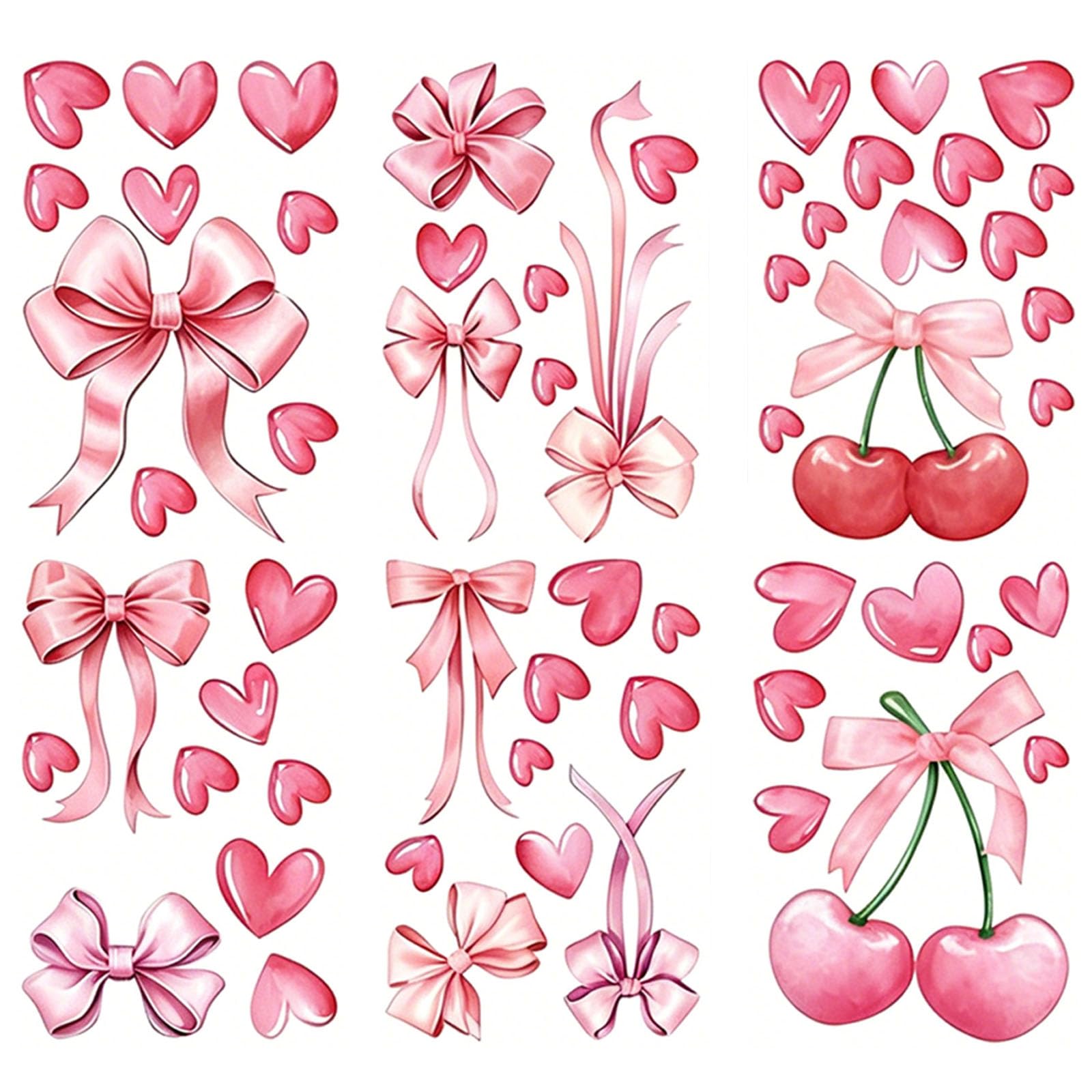 6 Sheets 59 Pcs Pink Heart Wall Stickers, Pink Bow Wallpaper Room Decor Cute Cherry Decals,Cute Cherry Wallpaper for Home Decor,Nursery,Girls Rooms,Bedroom,Living Rooms