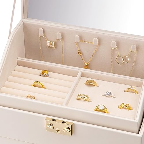 Miniatura 5 de Vlando Caja organizadora de joyas grande de terciopelo, caja de almacenamiento de joyas de 5 capas con espejo y cerradura, bandeja apilable y 3