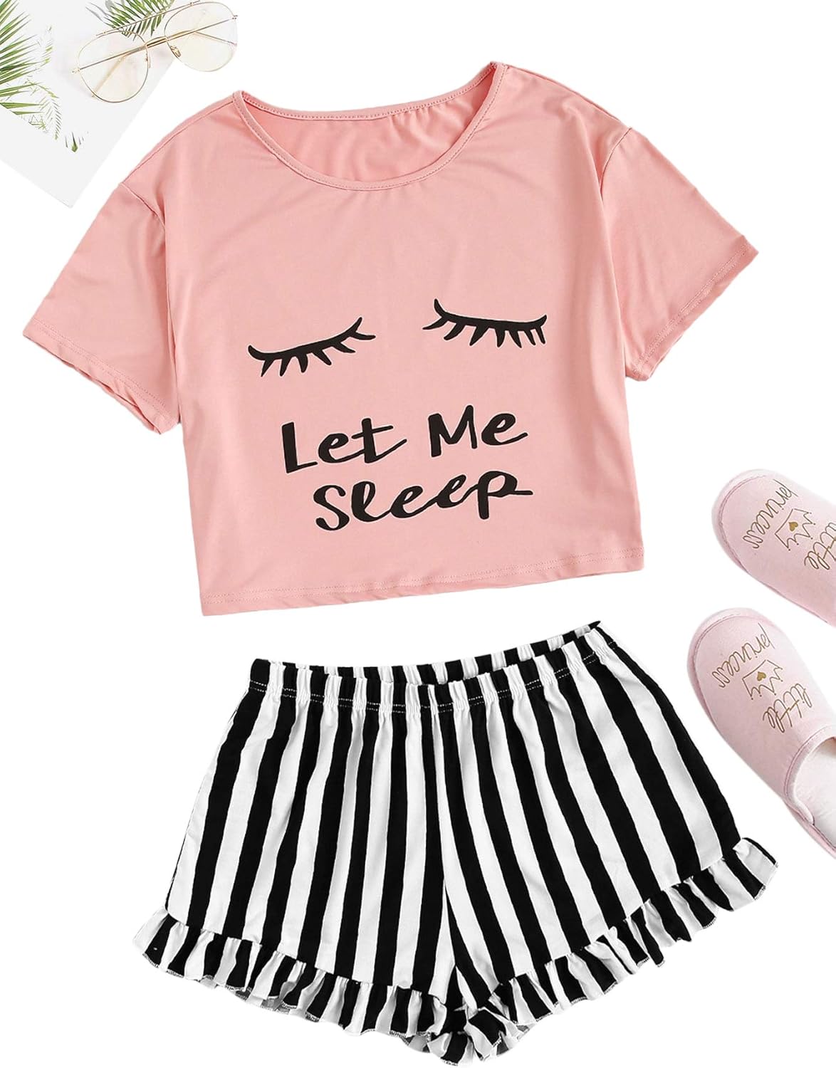 WDIRARA Women's 2 Piece Pajama Set Tee and Striped Shorts Cute Pjs Set Sleepwear Loungewear Outfits - Image 3