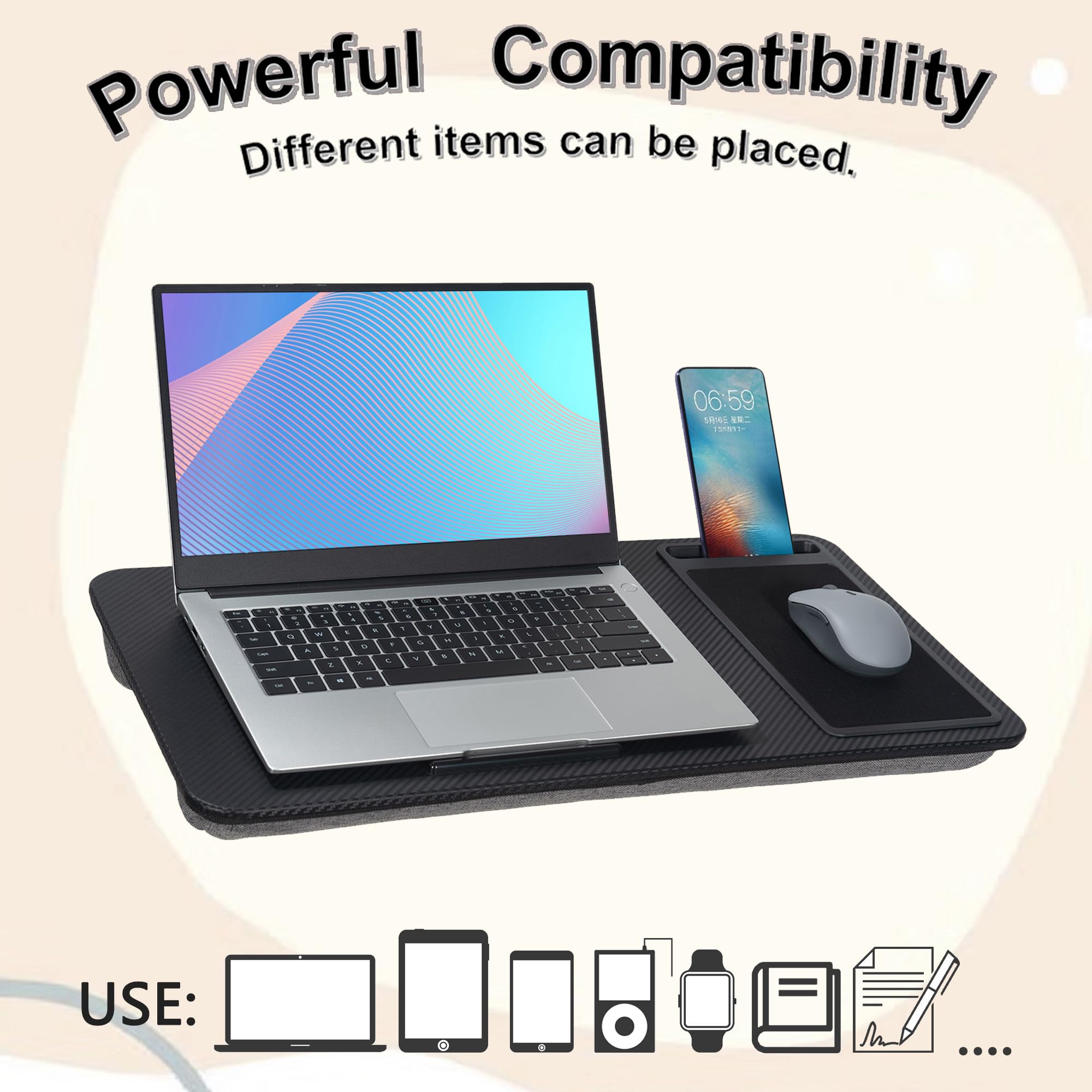 Bureau portable pour ordinateur portable avec coussin - Convient aux ordinateurs portables jusqu'à 17", avec fente pour tablette et téléphone, tapis de souris, idéal pour la maison et le bureau
