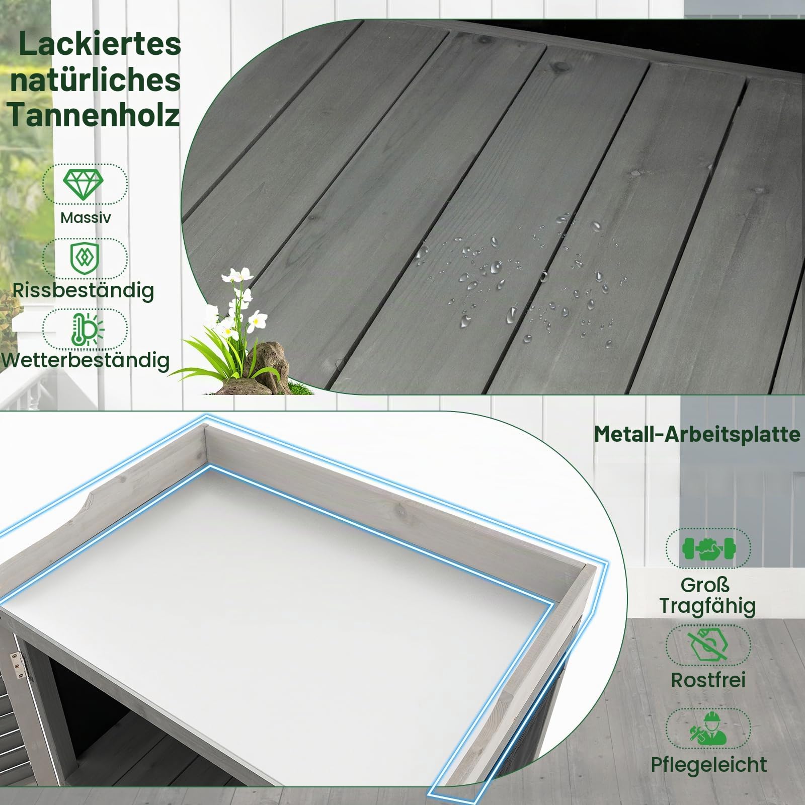 HOMASIS Pflanztisch Outdoor wetterfest aus Holz, Gartentisch mit Schrank & Metallplatte, Arbeitstisch mit 2 Regaln & 3 Rolltüren, Blumentisch Holzschrank für Terrasse Garten Balkon, 67x47x100cm, Grau