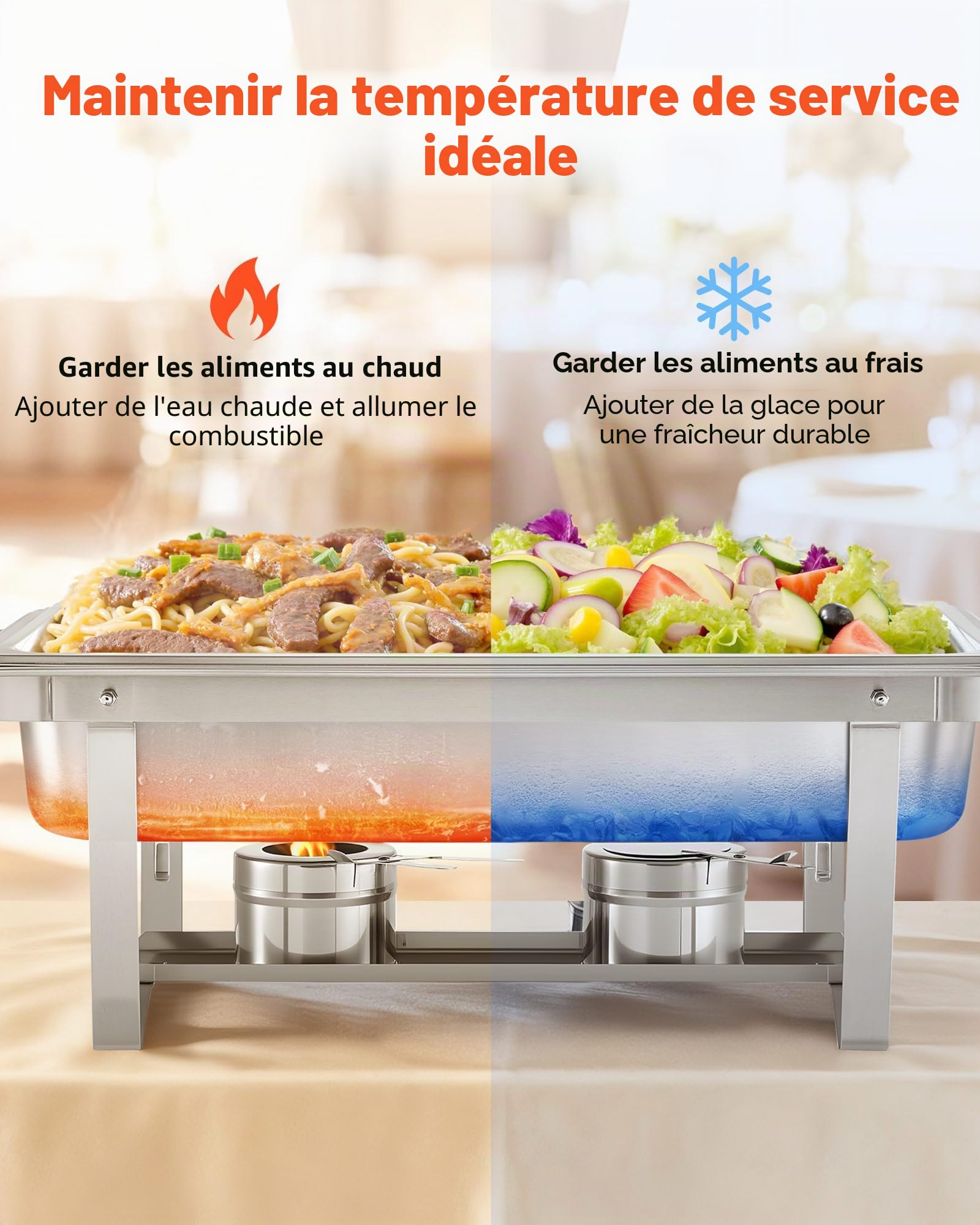 VEVOR Chauffe-Plat Rectangulaire 4PCs 8,6 L, Buffet Chauffant à Combustible en INOX, avec Couvercle, Poignée Creuse, 2 Pinces à Aliments et Porte-Combustible, Réchaud pour Banquet Fête Mariage