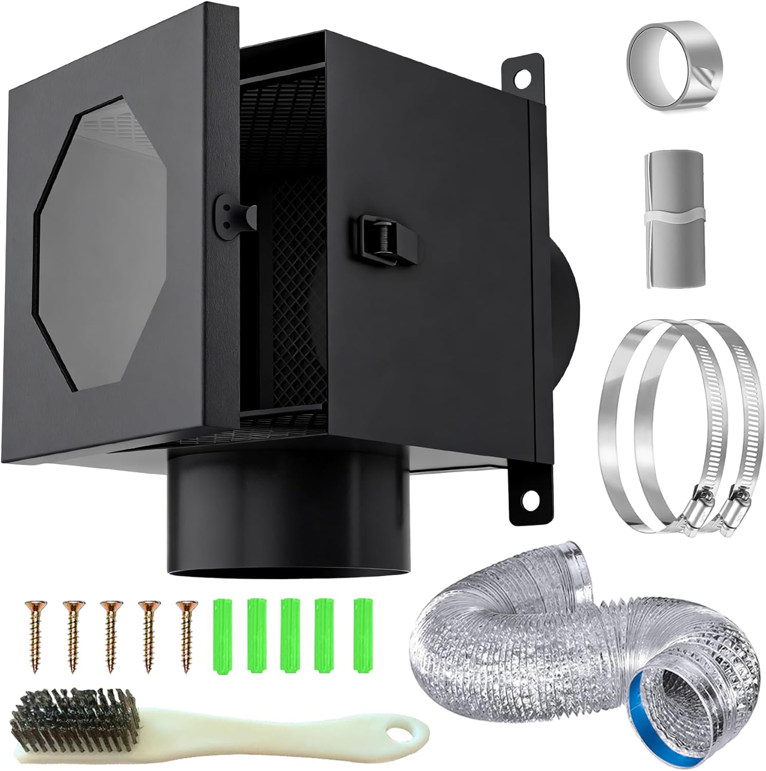 Dryer Duct Lint Trap, Metal Indoor Dryer Vent Kit- Airtight Filter Box with 4" 5FT Flexible Dryer Vent Duct Hose, Clamps & Brush for Laundry Room Exhaust Vent