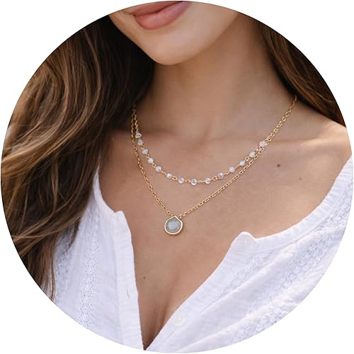 ABSHEL Clear Quartz Layering Necklace for Women, Premium Layered Gold Necklaces 