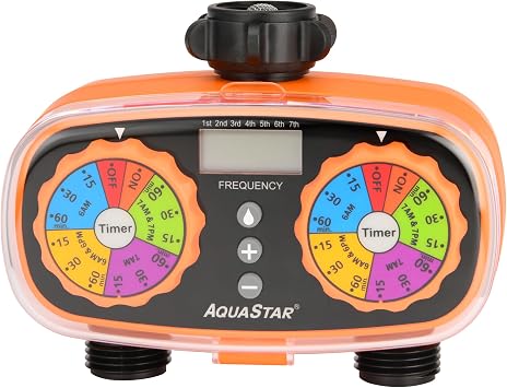 AQUASTAR Two-Zone Hose Watering Timer Orange, Automatic Irrigation for Lawn, Garden, Yard, Two Outlets