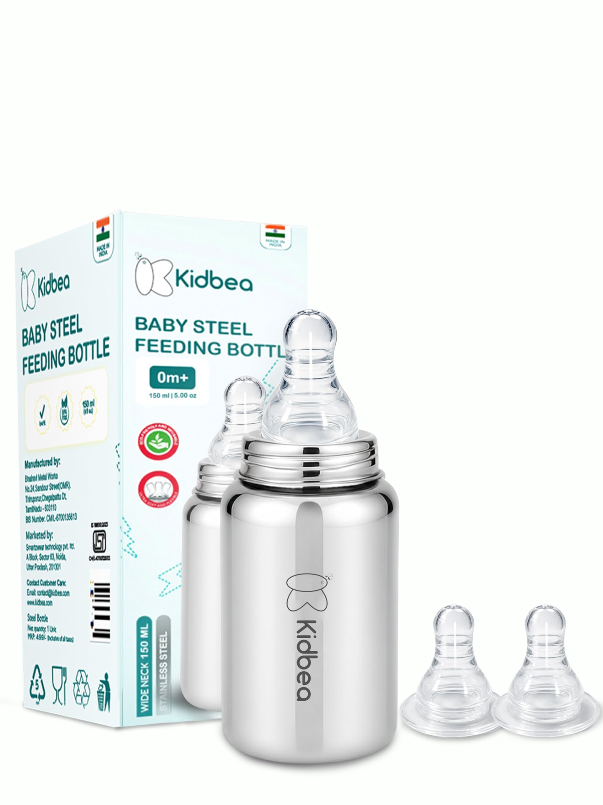 Kidbea 150ml Stainless Steel Baby Feeding Bottle (0m+) with 2 Extra Silicone Nipples | BPA Free Wide Neck Anti-Colic Milk Bottle Feeder-image-41