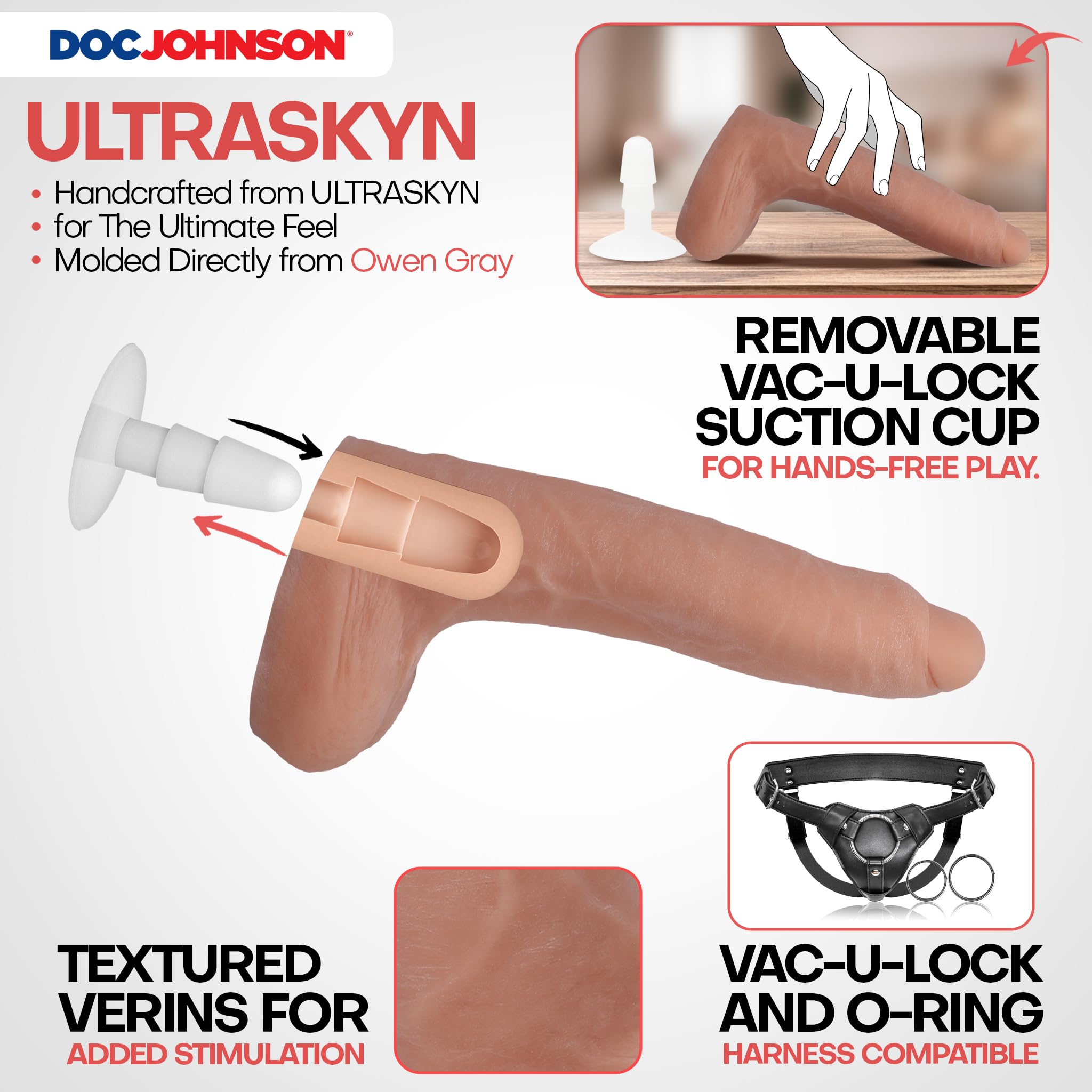 Doc Johnson Signature Series - Owen Gray - 9 Inch Realistic ULTRASKYN Dildo with Removeable Vac-U-Lock Suction Cup - F-Machine & Harness Compatible - for Adults Only, Vanilla