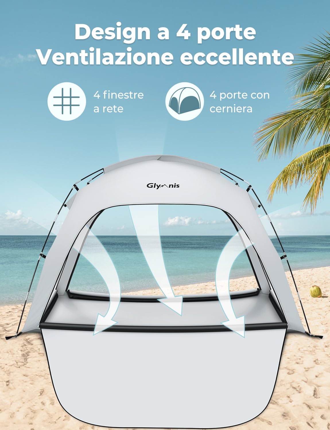 Glymnis Tenda da Spiaggia Grande Adatta a 3-4 Persone, Tenda da Spiaggia Portatile con Cerniera, Leggera Tenda Sole Spiaggia con Dimensioni di 220 x 180 x 125 cm, Facile da Montare, UPF 50+