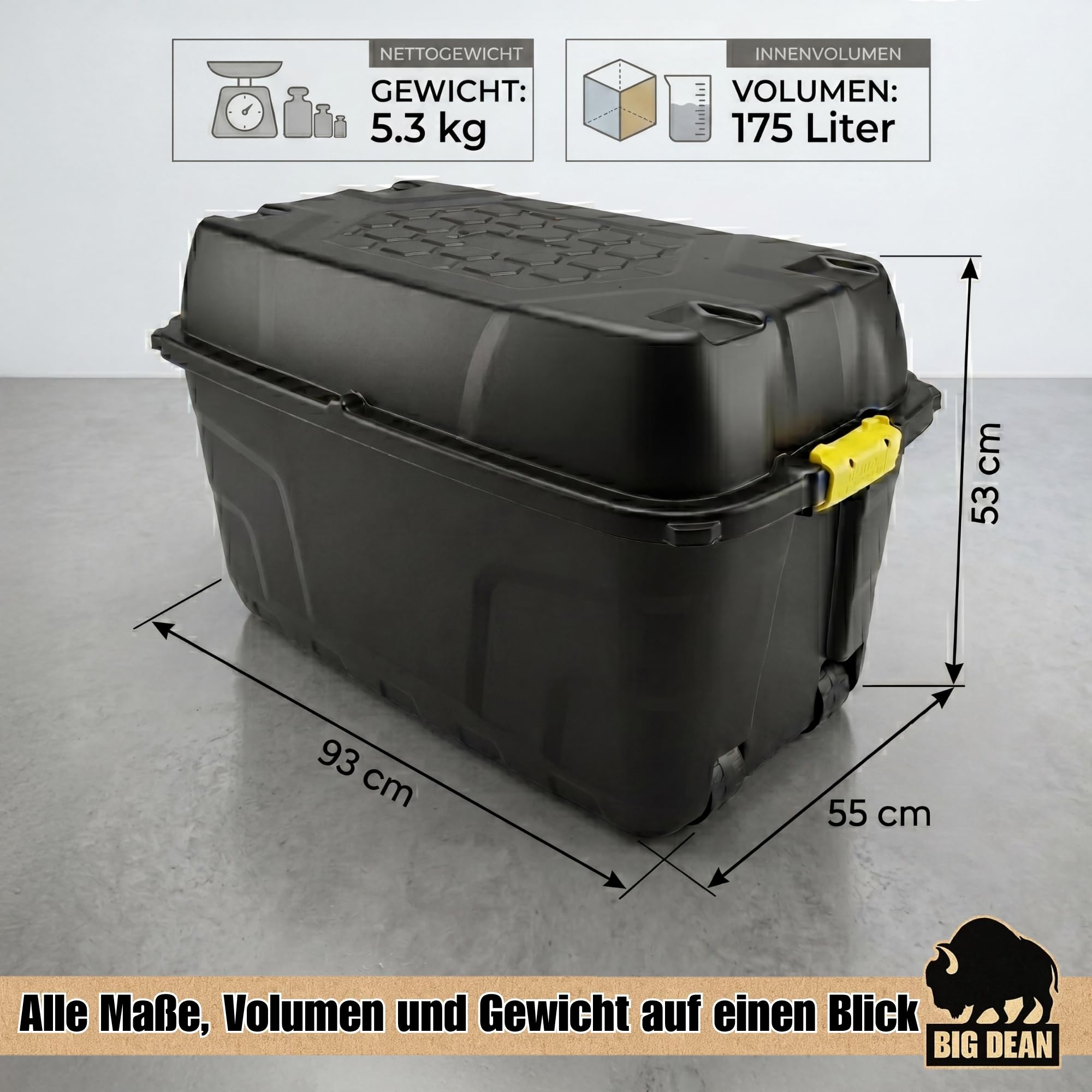 BigDean XXL Transportbox Kissenbox mit Nutzvolumen ca. 175 Liter 93x55x53cm | Aus Kunststoff in Schwarz mit Rollen und Deckel. Abschließbar. Maße BxTxH ca. 93 x 55 x 53 cm