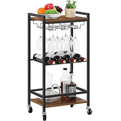 YBING Bar Carts for Home, Bar Serving Cart, 3-Tier Rolling Wine Carts with Wine Rack and Glass Holder, Small Cart, Mobile Microwave Cart, Wine Cart on Wheels, Brown