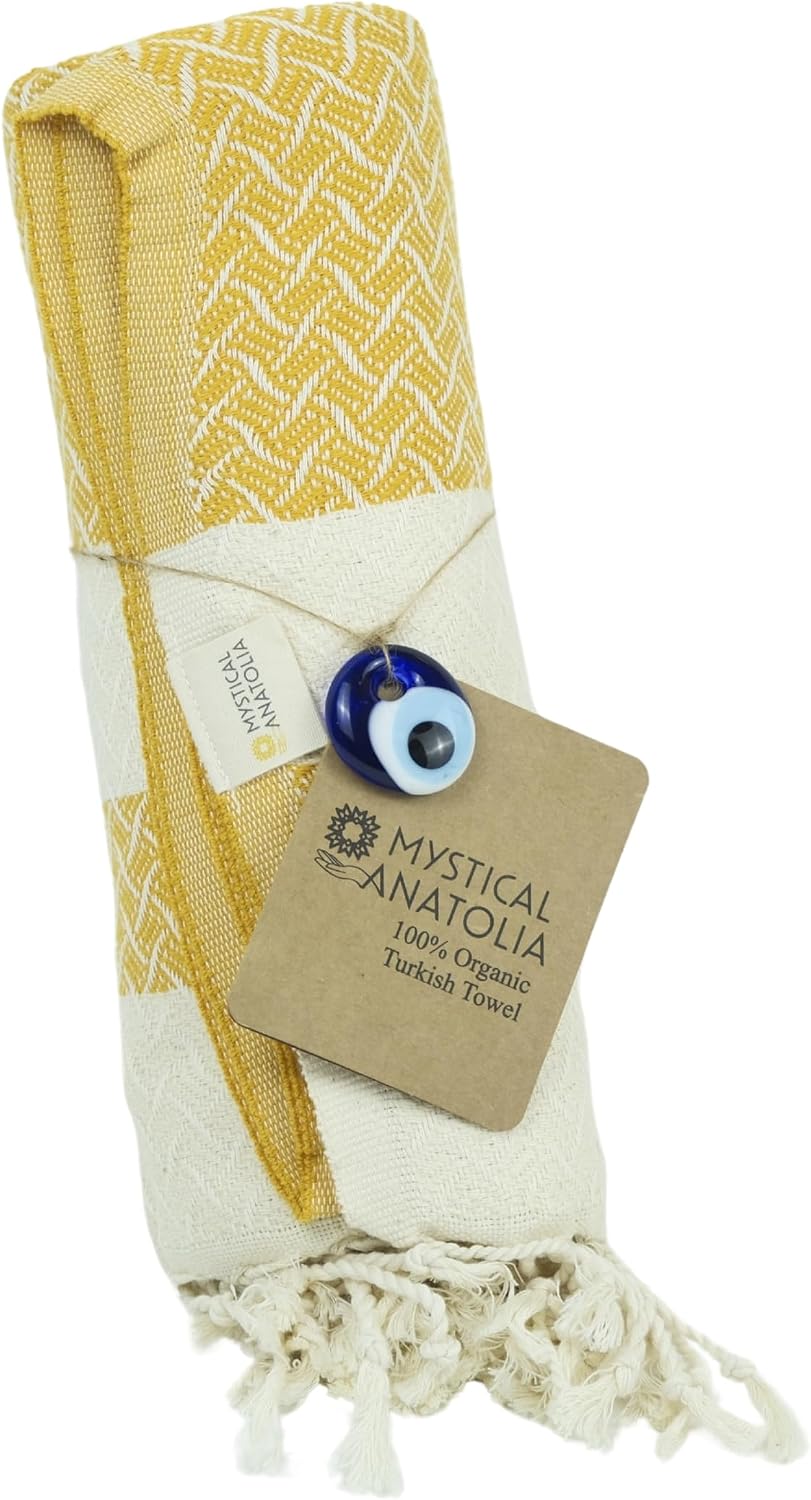 mysticalanatolia Turkish Beach Towel Oversized Cotton Sand Free Quick Dry Lightweight Peshtemal Large Travel Yoga Picnic Blanket Absorbent Compact 39x79 Yellow